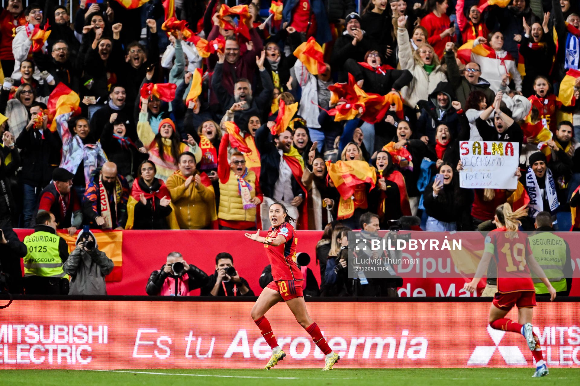 Fiamma Benitez of Spain celebrates the 4-3 goal during the UEFA Women's Nations League football match between Spain and Sweden on December 5, 2023 in Malaga.