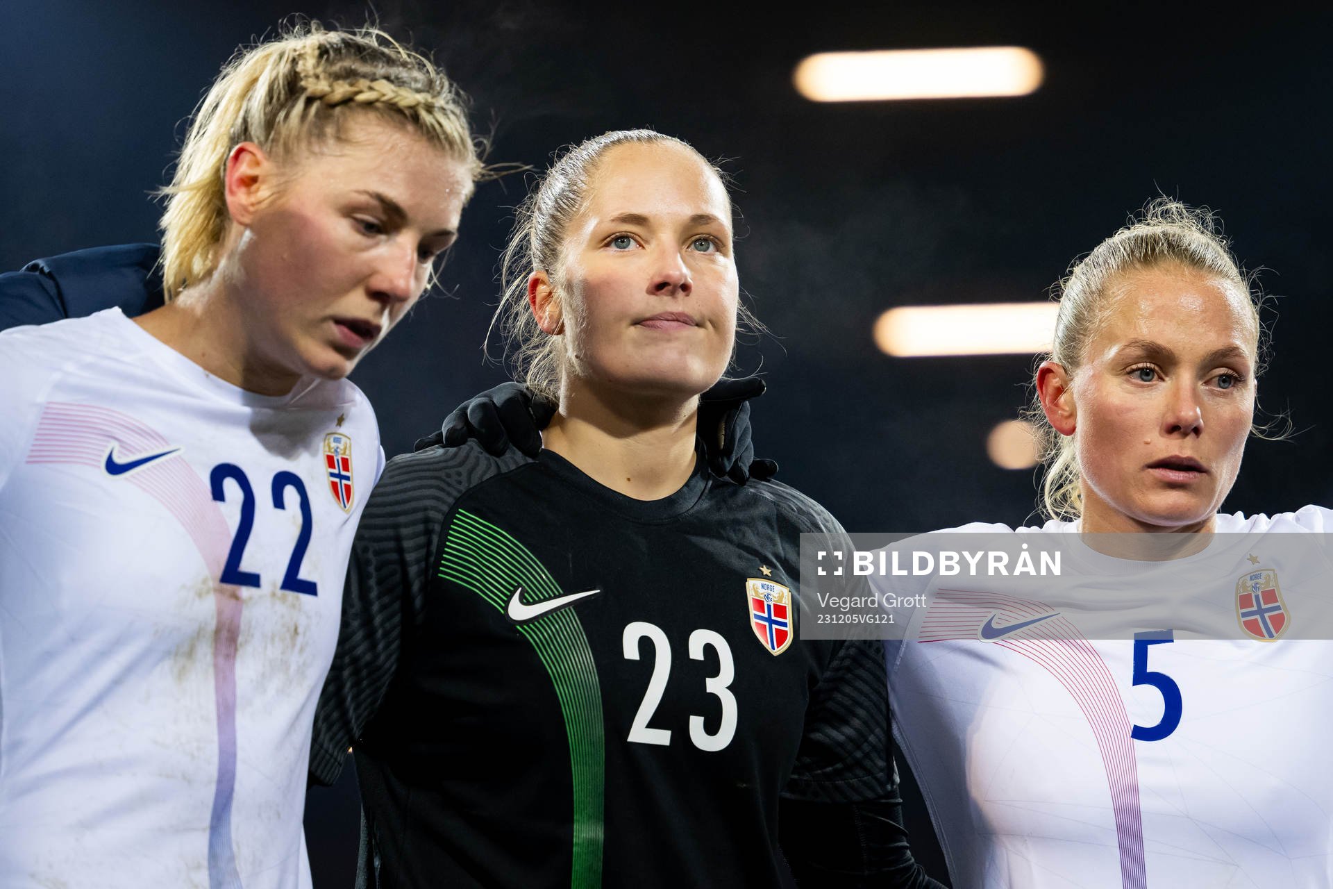 Goalkeeper Aurora Mikalsen and Guro Bergsvand of Norway