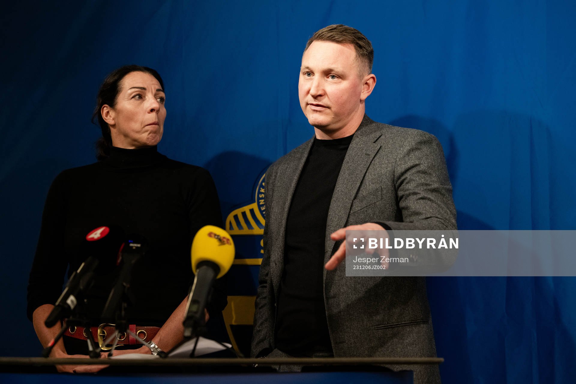 Andrea Möllerberg, Generalsekreterare för Svenska Fotbollförbundet och Kim Källström under en presskonferens anordnad av Svenska Fotbollförbundet den 6 december 2023 i Stockholm. 
