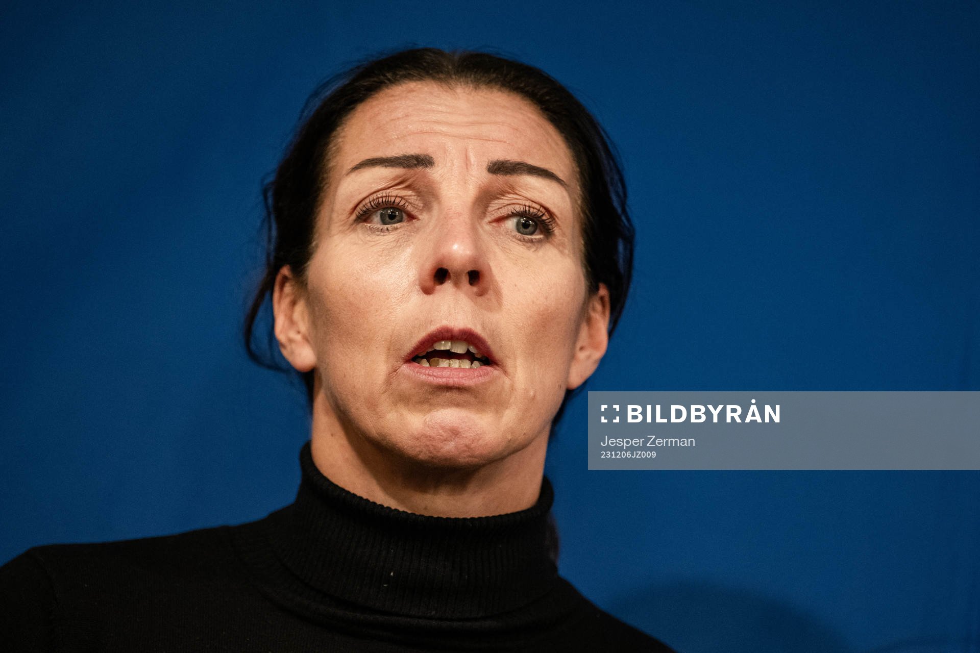 Andrea Möllerberg, Generalsekreterare för Svenska Fotbollförbundet under en presskonferens anordnad av Svenska Fotbollförbundet den 6 december 2023 i Stockholm.