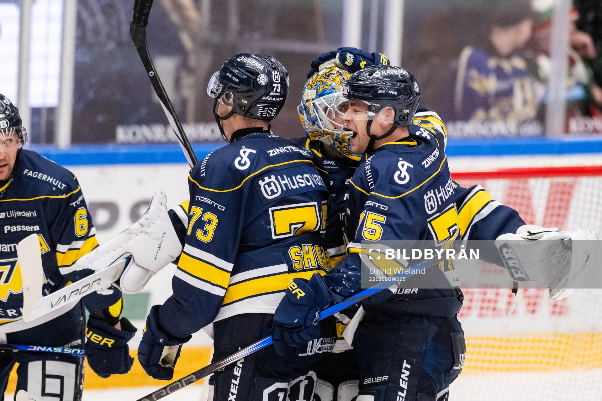 HV71s spelare jublar med målvakt Joni Ortio