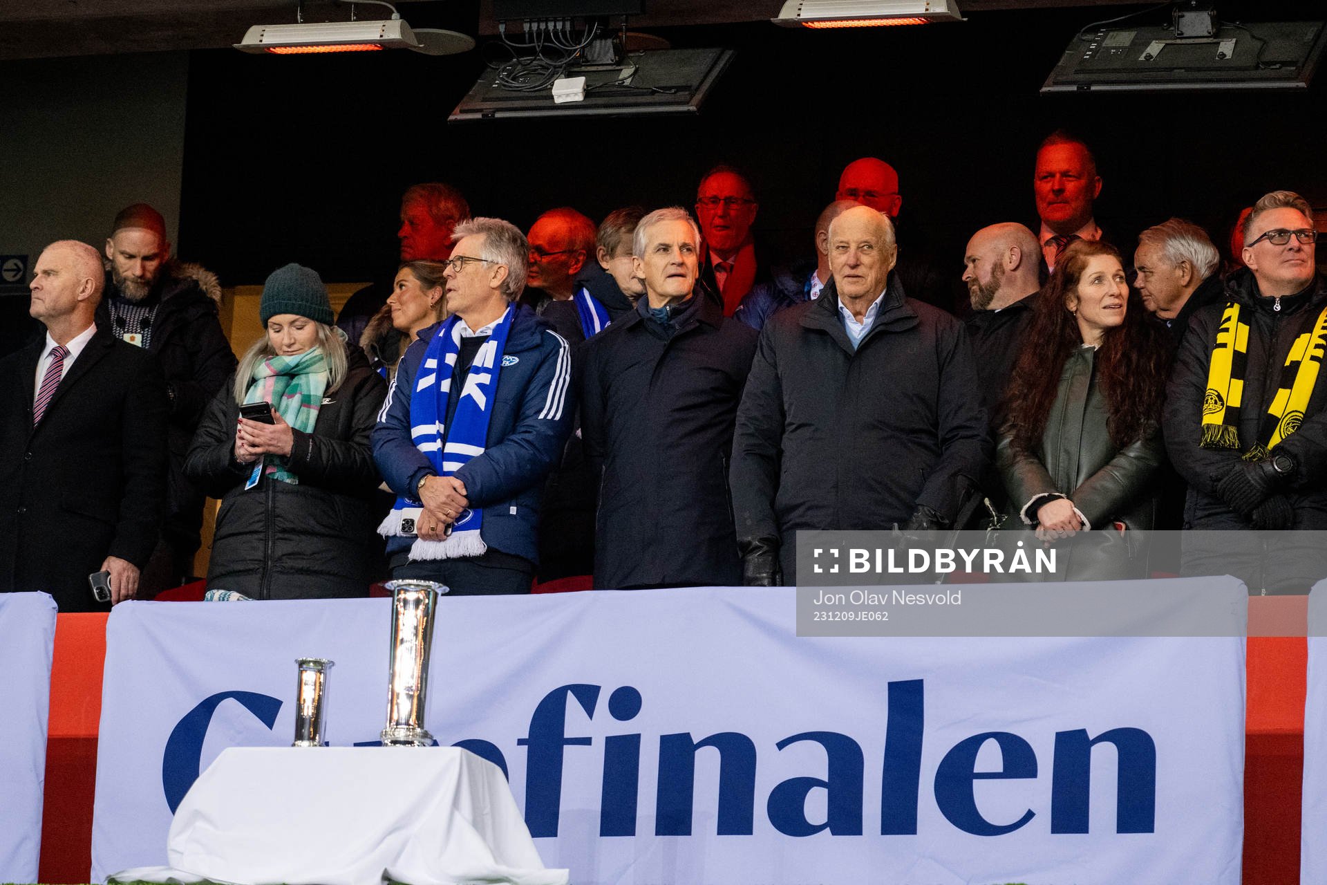Jonas Gahr Støre, prime minister of Norway, King Harald V of Norway and Lise Klaveness, president of the Norwegian Football Association (NFF) ahead of the cup final match between Bodø/Glimt and Molde on December 9, 2023 in Oslo.