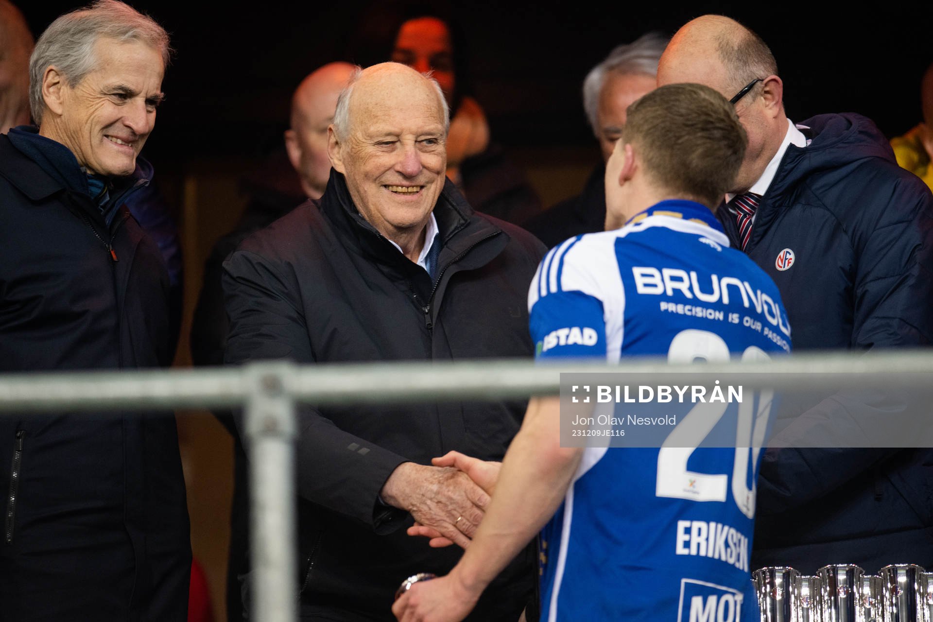 Jonas Gahr Støre, prime minister of Norway, King Harald V of Norway and Kristian Eriksen of Molde after the cup final match between Bodø/Glimt and Molde on December 9, 2023 in Oslo.