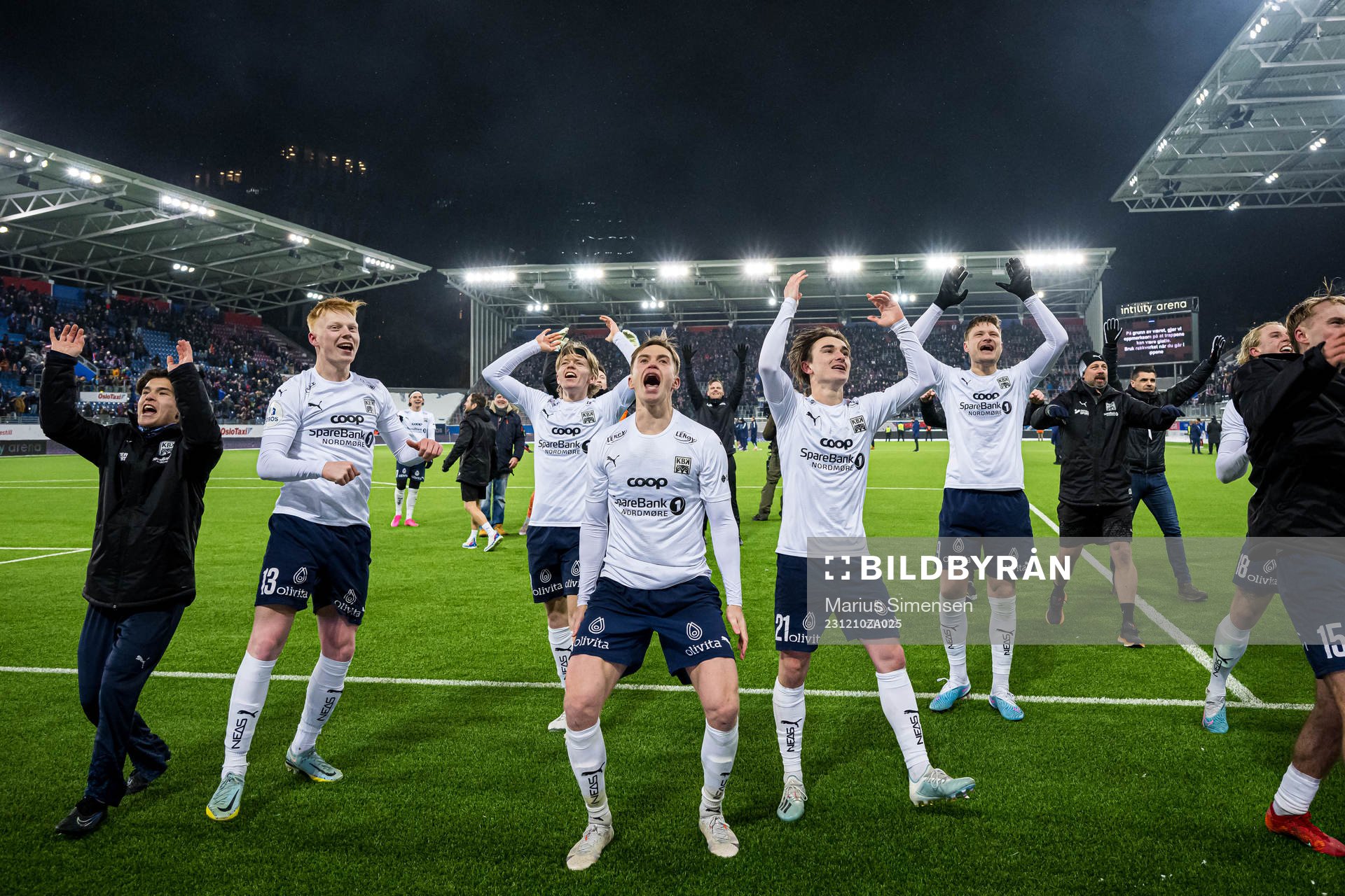 Heine Gikling Bruseth, Snorre Strand Nilsen, Marius Broholm and Benjamin Stokke of Kristiansund celebrates promotion after the Eliteserien playoff football match between Vålerenga and Kristiansund on December 10, 2023 in Oslo.