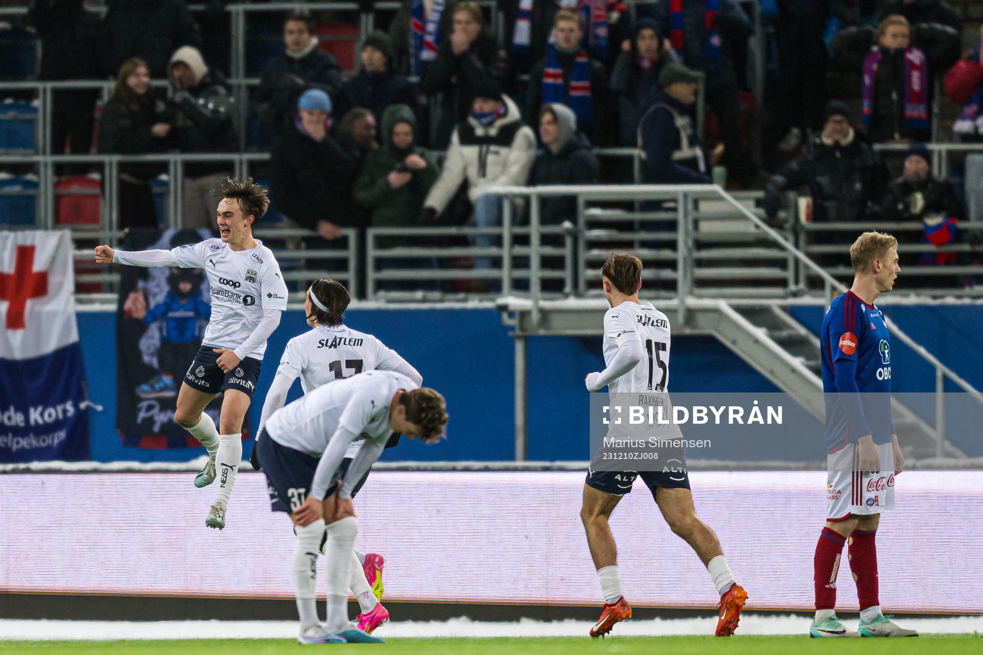 Marius Broholm of Kristiansund celebrates after scoring the 0-2 goal during the Eliteserien playoff football match between Vålerenga and Kristiansund on December 10, 2023 in Oslo.