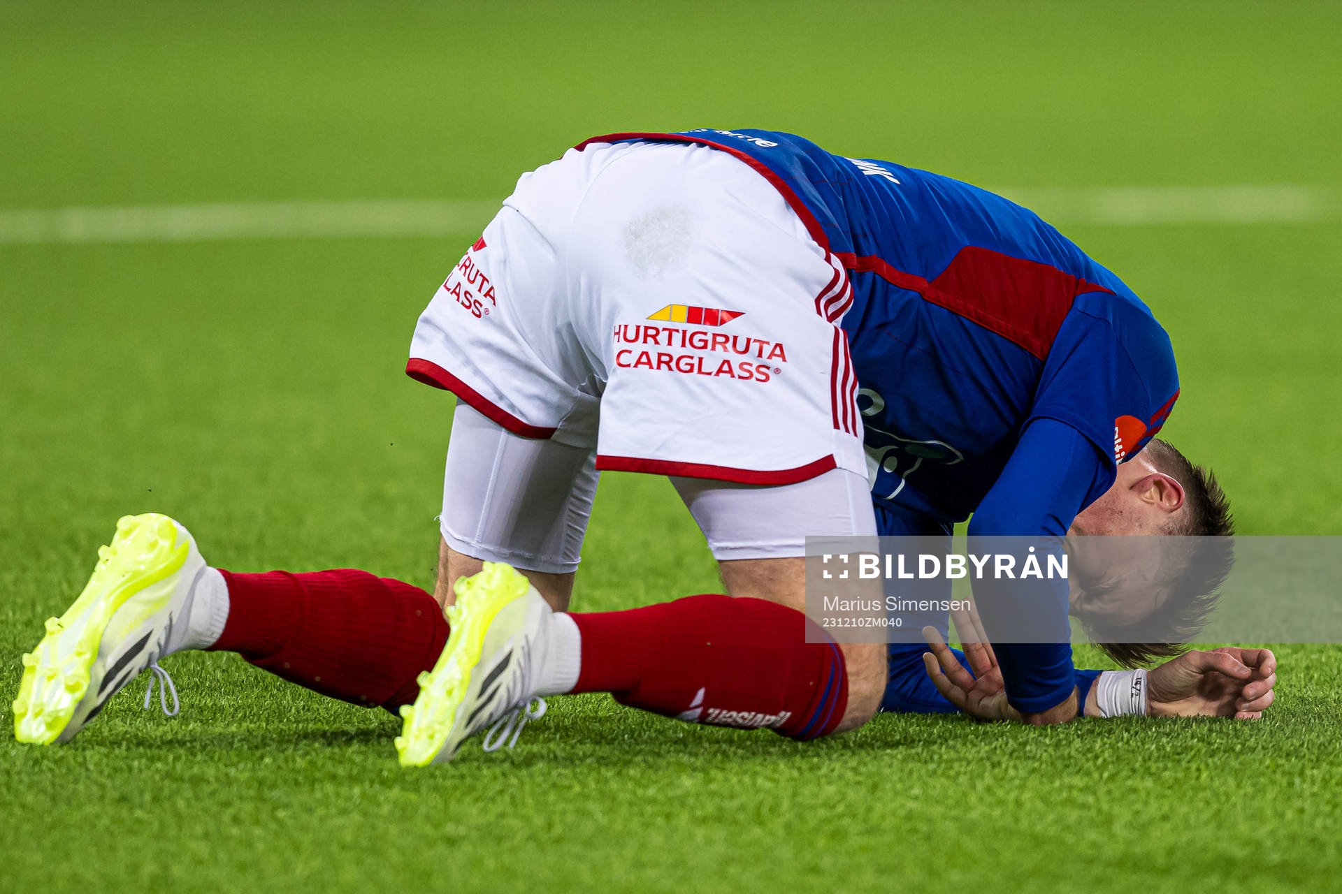 Christian Borchgrevink of Vålerenga in pain during the Eliteserien playoff football match between Vålerenga and Kristiansund on December 10, 2023 in Oslo.