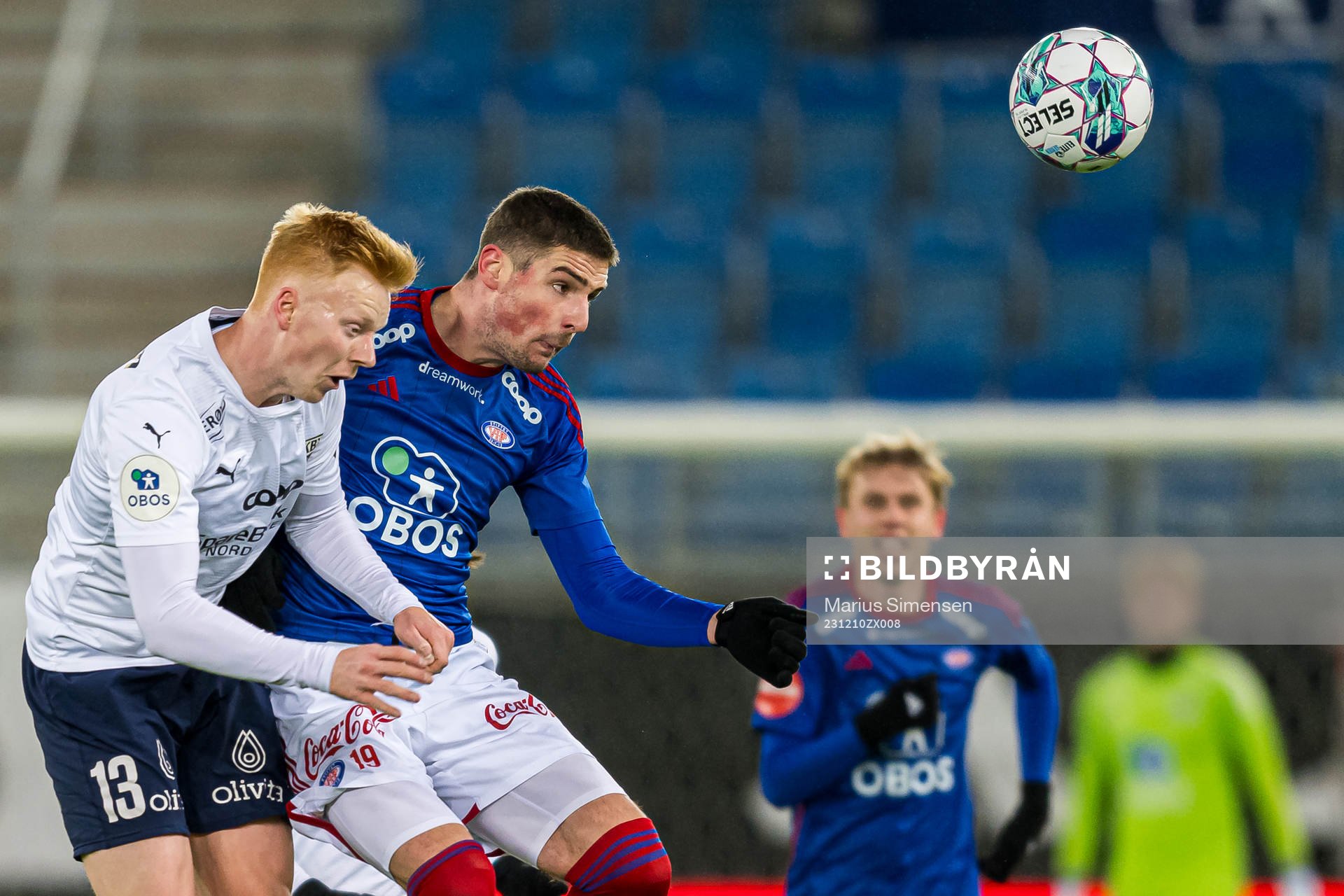 Marius Berntsen Olsen of Kristiansund and Andrej Ilic of Vålerenga during the Eliteserien playoff football match between Vålerenga and Kristiansund on December 10, 2023 in Oslo.