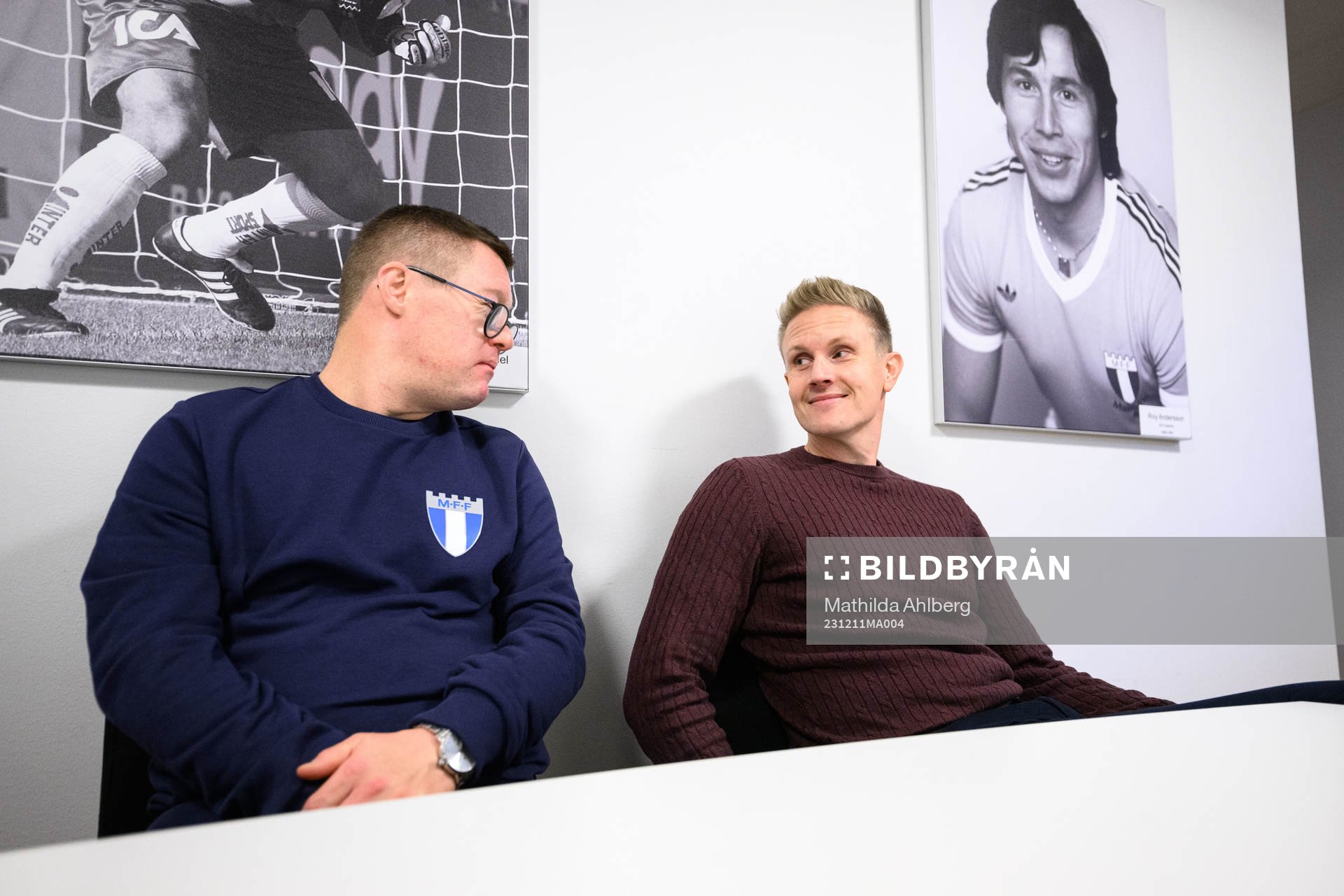 Christoffer Karlsson, planskötare på Eleda Stadion tillsammans med Jerry Wihlborg, Fastighetschef, under en intervju med Malmö FF den 11 december 2023 i Malmö.