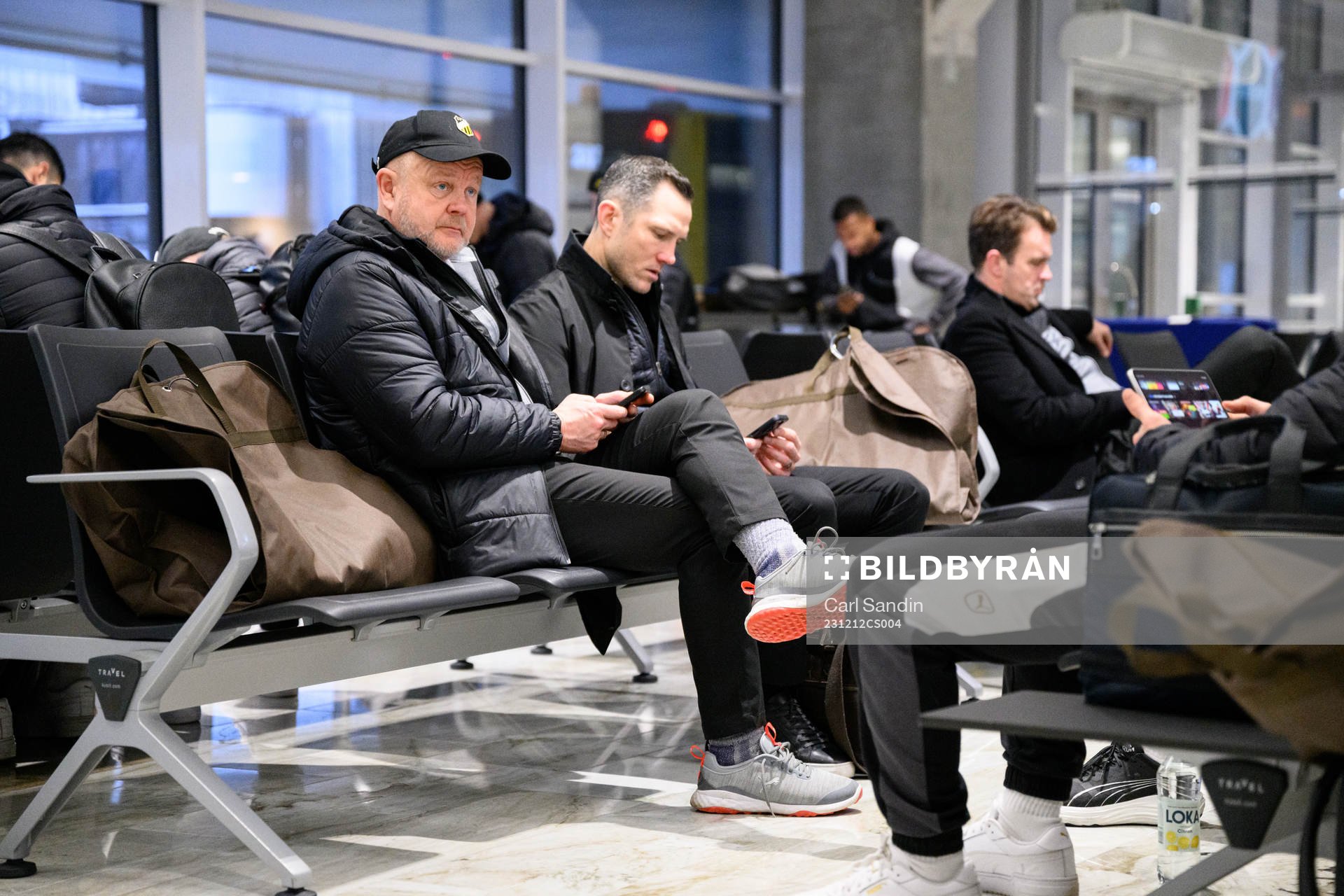 Head coach Per-Mathias Høgmo and sports director Martin Eriksson of Häcken during travel to the UEFA Europa League match against Qarabag on December 12, 2023 in Gothenburg.