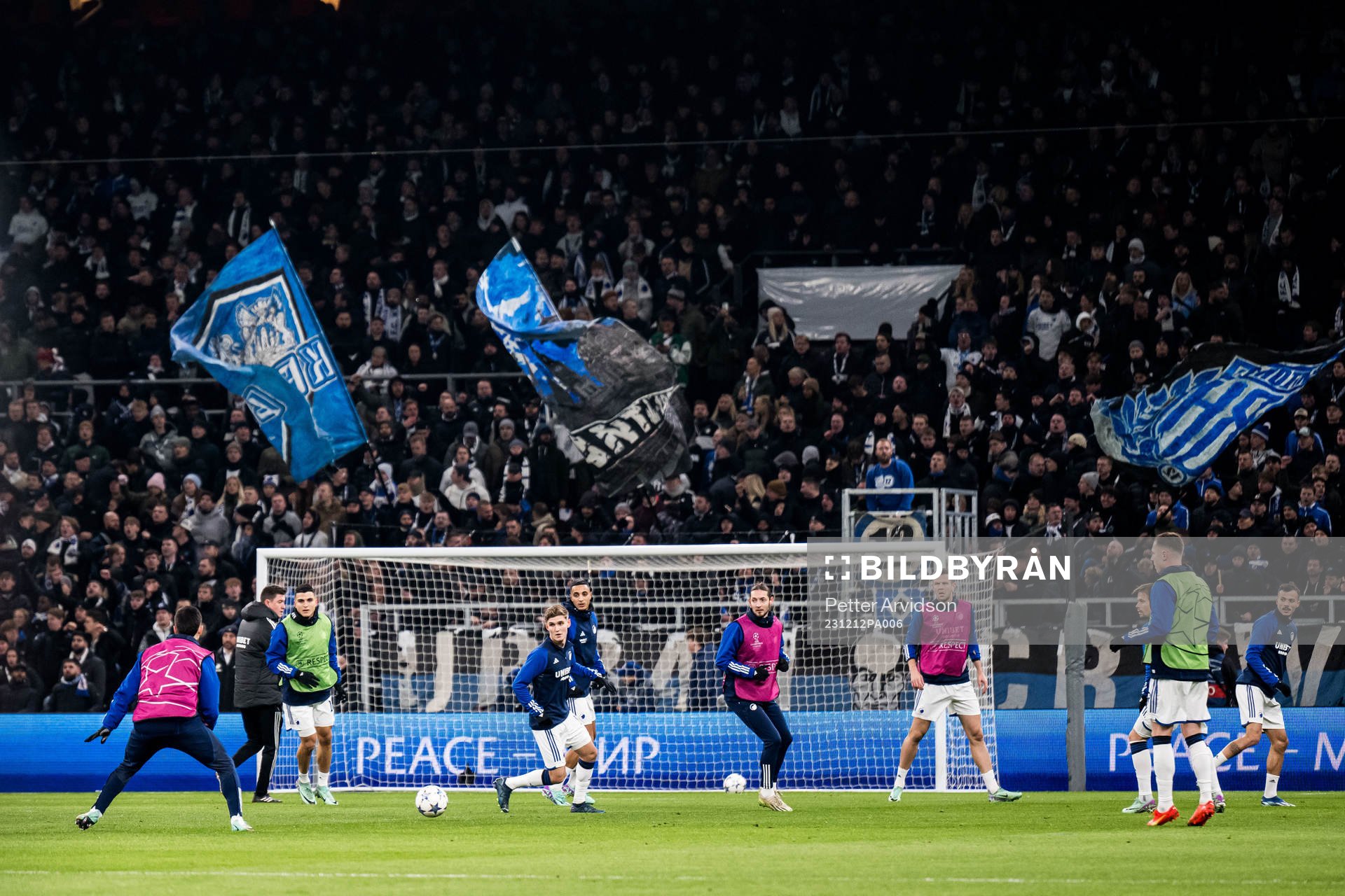 Players of FC Copenhagen ahead of the UEFA Champions League football match between FC Copenhagen and Galatasaray on December 12, 2023 in Copenhagen.