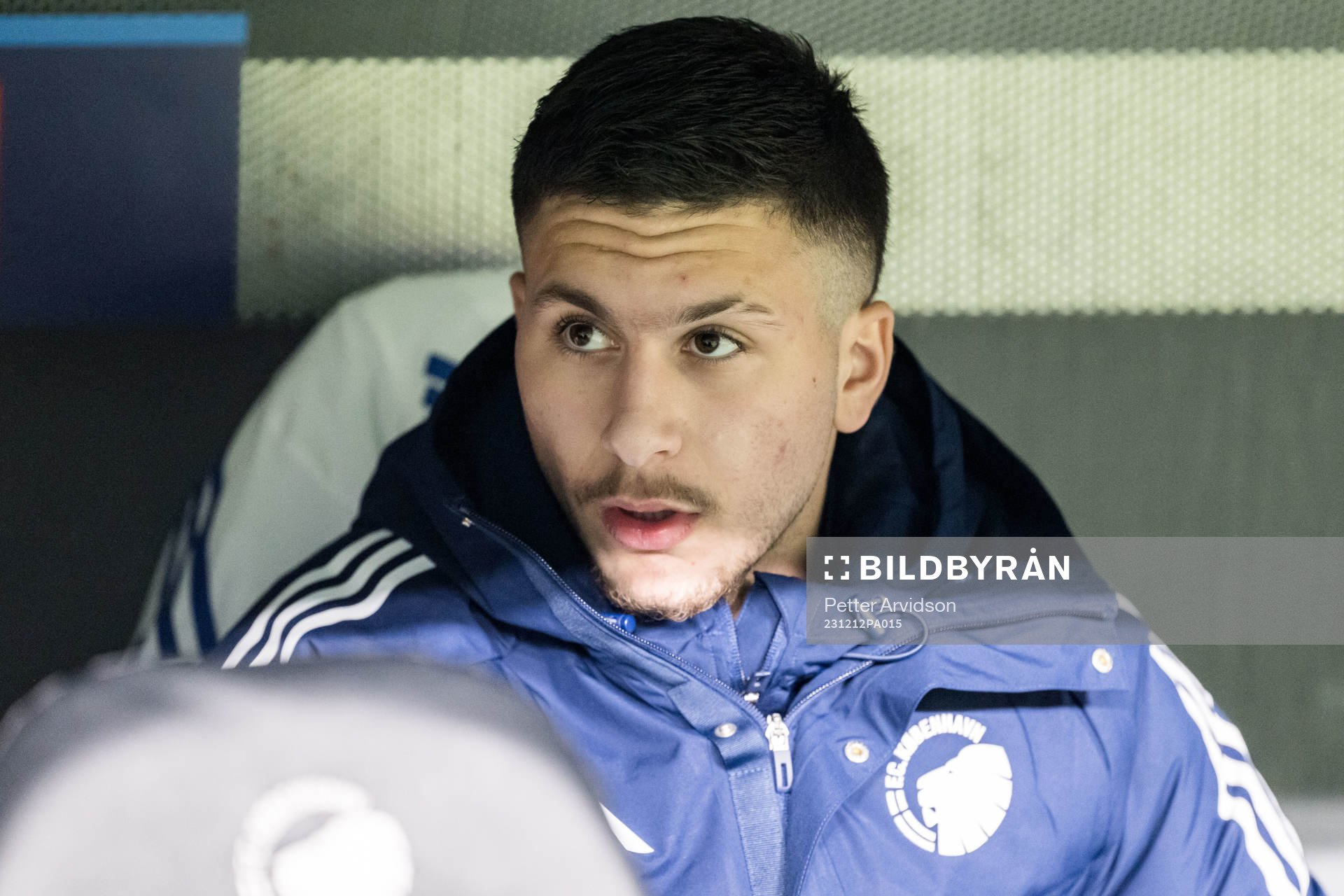 Roony Bardghji of FC Copenhagen on the bench ahead of the UEFA Champions League football match between FC Copenhagen and Galatasaray on December 12, 2023 in Copenhagen.