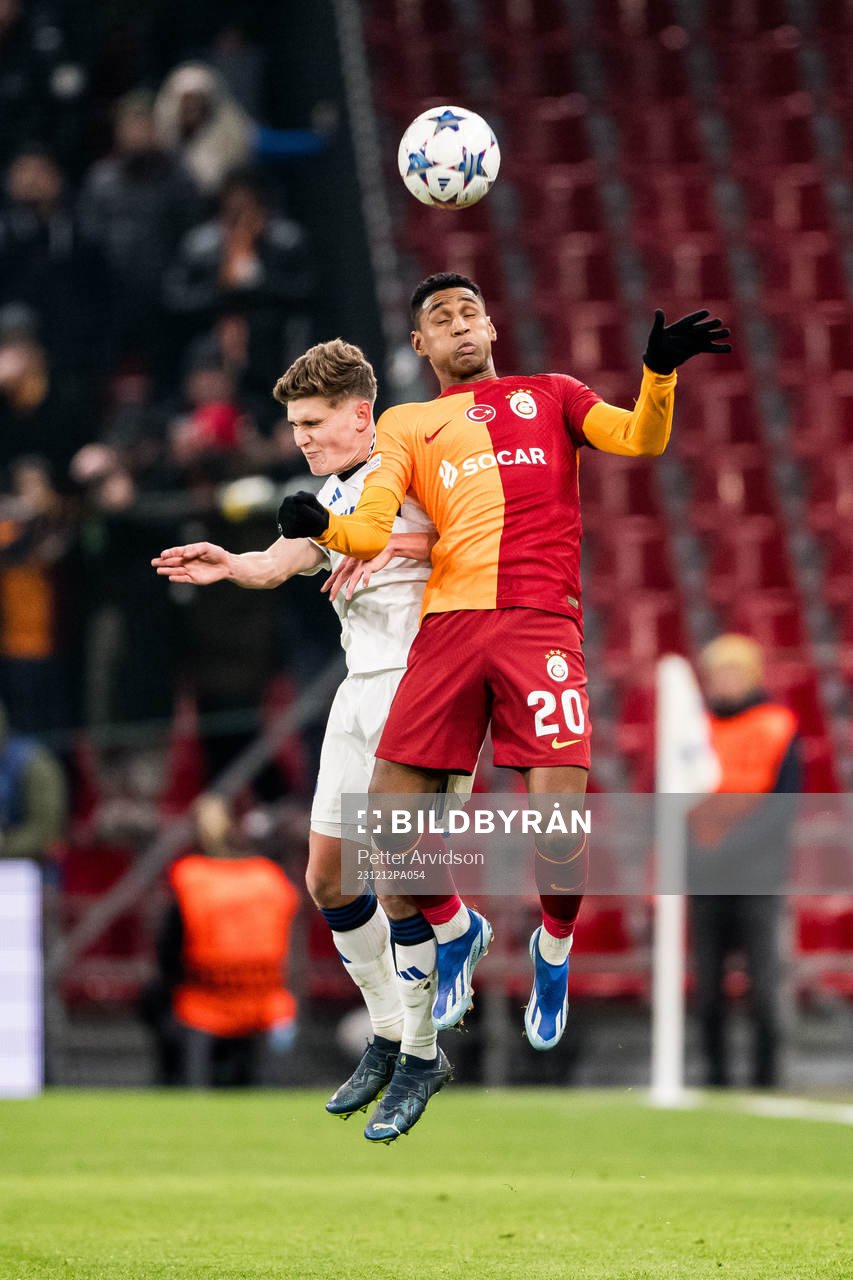 Elias Jelert of FC Copenhagen and Tete of Galatasaray during the UEFA Champions League football match between FC Copenhagen and Galatasaray on December 12, 2023 in Copenhagen.