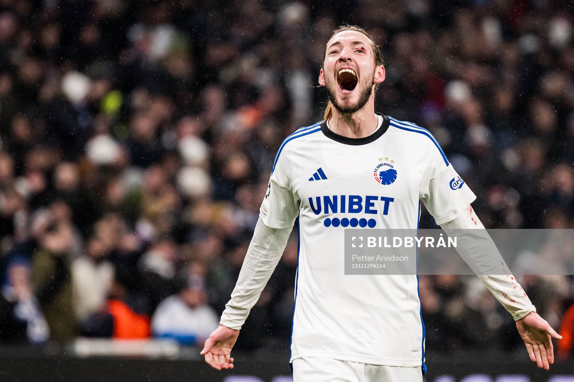 Rasmus Falk of FC Copenhagen celebrates after the UEFA Champions League football match between FC Copenhagen and Galatasaray on December 12, 2023 in Copenhagen.