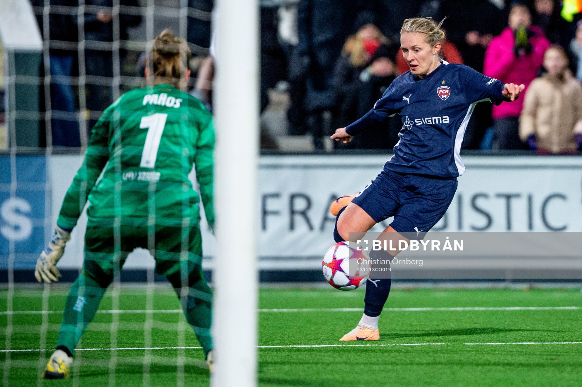 Emilia Larsson of FC Rosengård and goalkeeper Sandra Panos