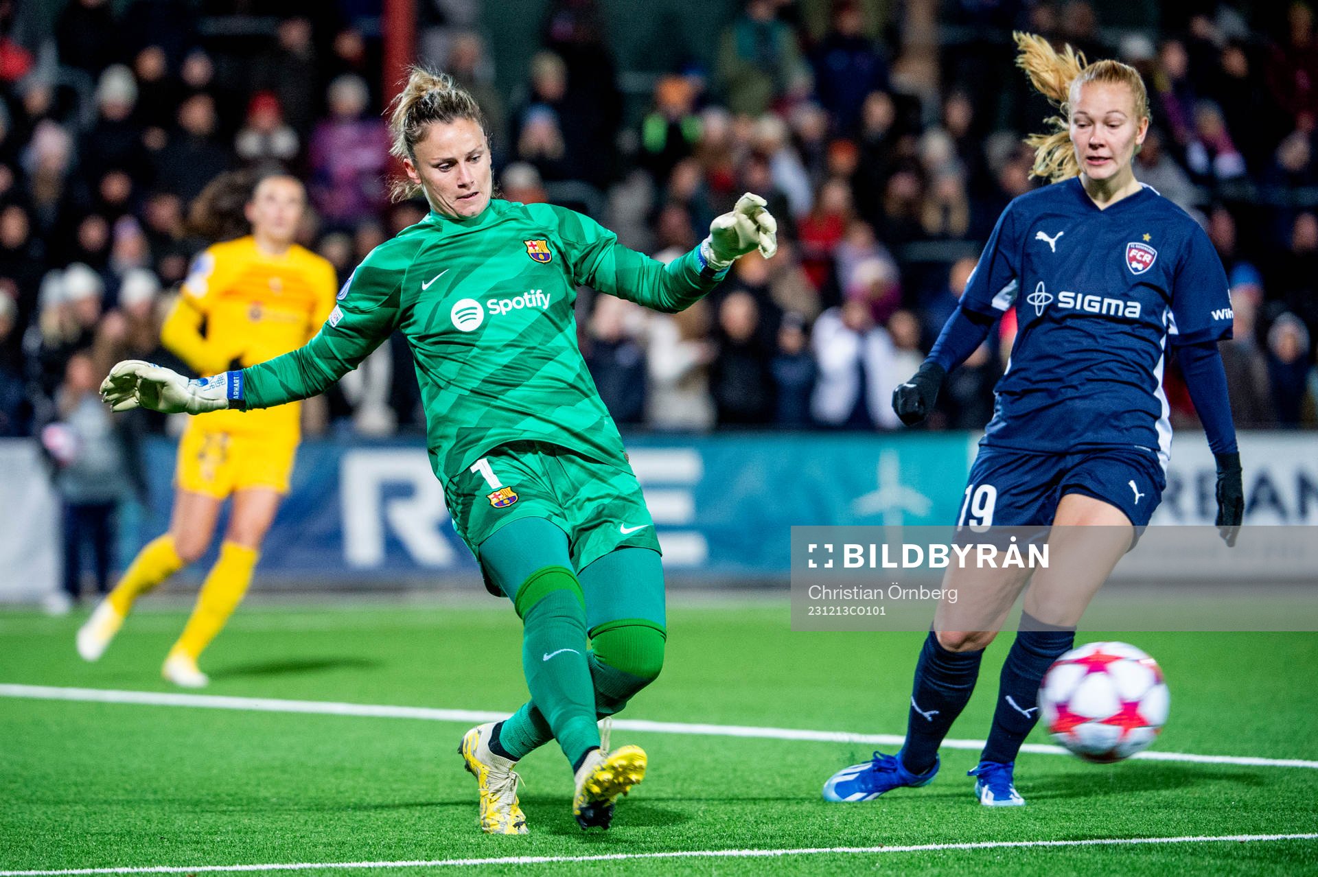 Goalkeeper Sandra Panos of Barcelona and Sofie Bruun
