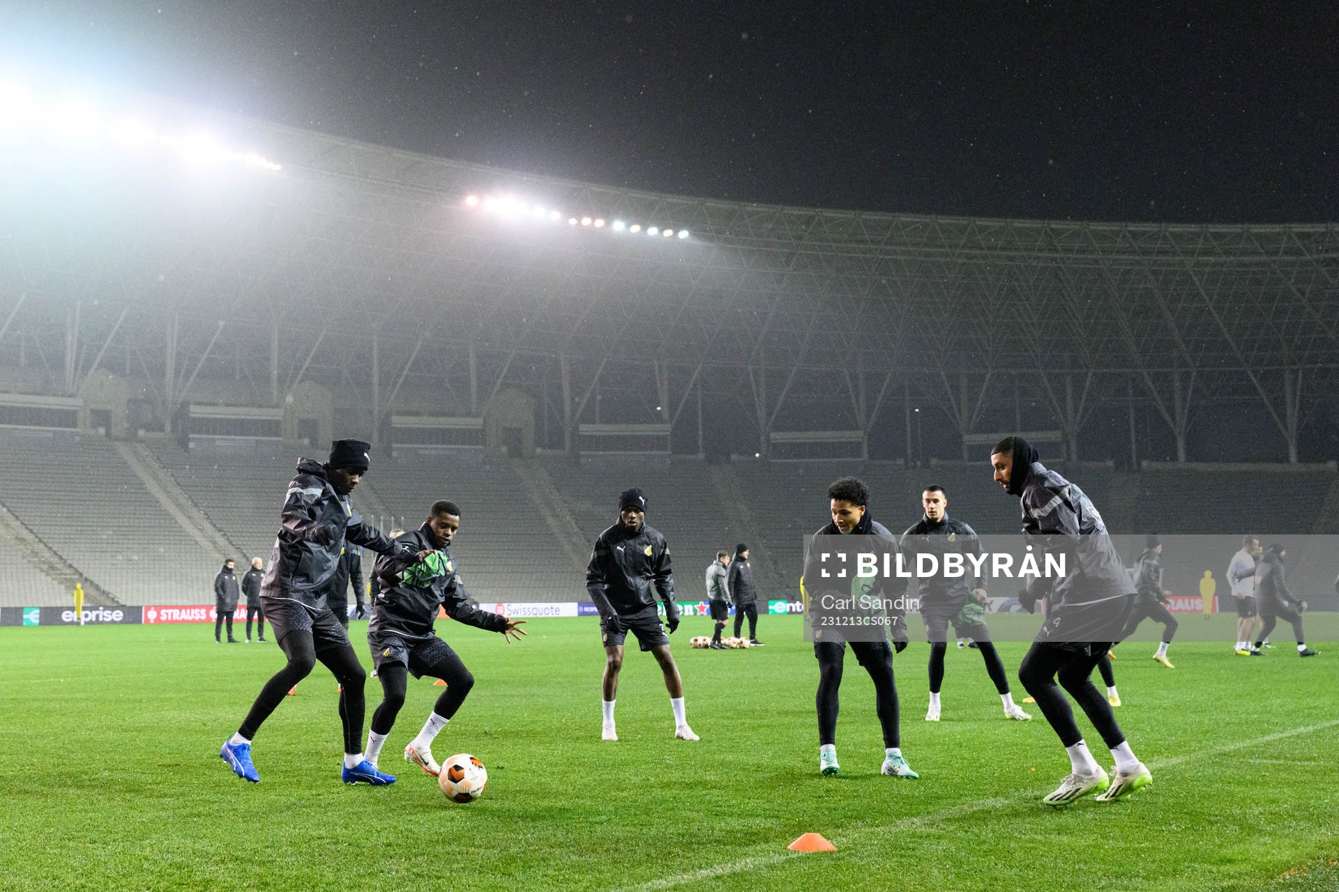 John Paul Dembe, Abdulrazaq Ishaq, Akoua Romeo Amane, Momodou Lamin Sonko and Aiham Ousou during a training session with Häcken on December 13, 2023 in Baku.