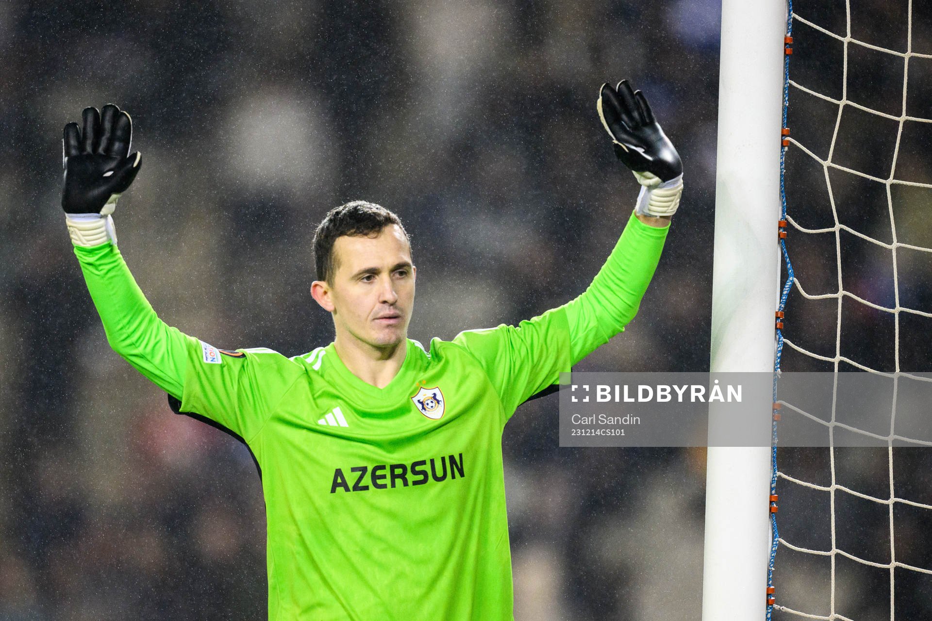 Goalkeeper Andrey Lunev  of Qarabag during the UEFA Europa League match between Qarabag and Häcken on December 14, 2023 in Baku. 