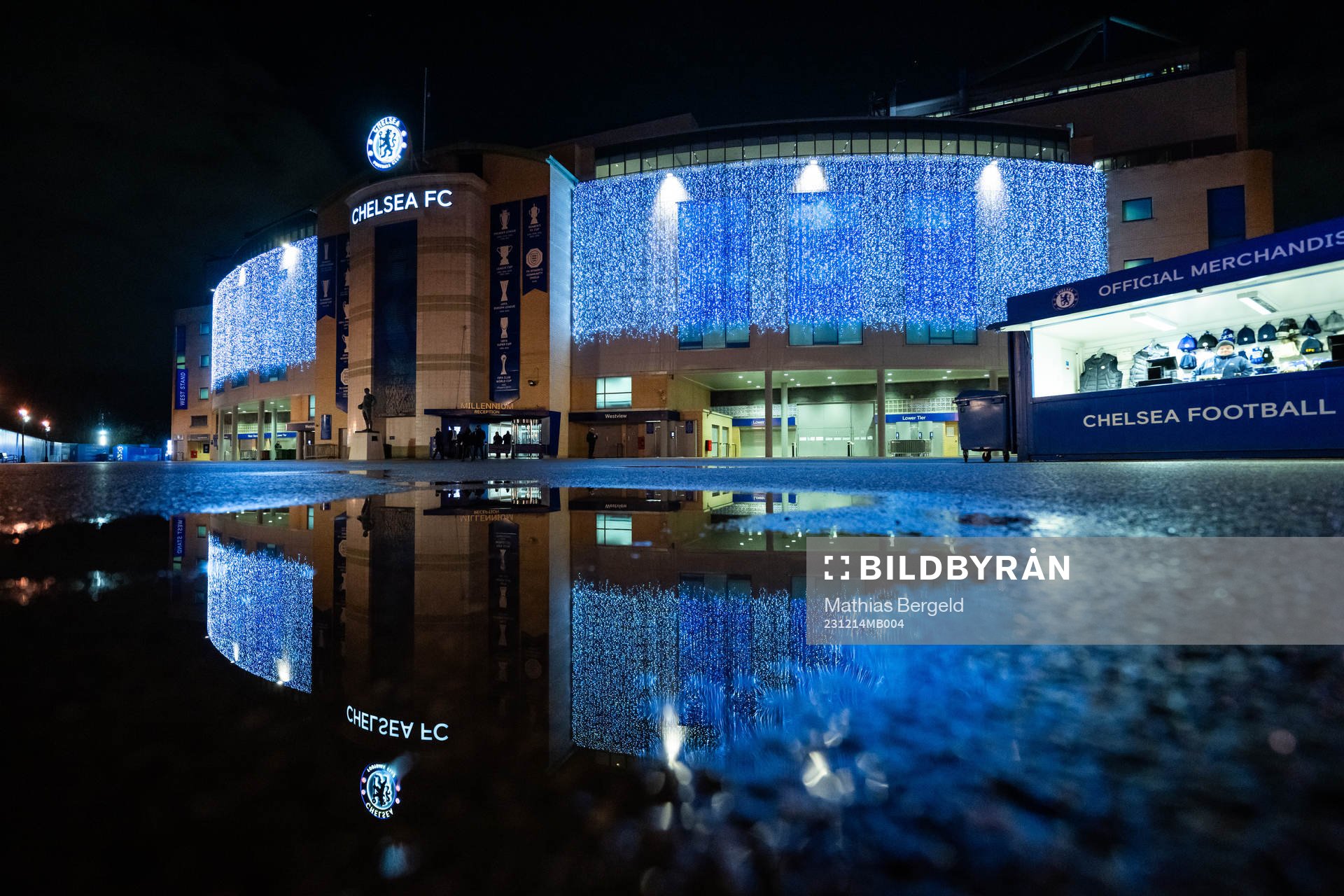 General exterior view of Stamford Bridge ahead of the UEFA Women's Champions League football match between Chelsea and Häcken on December 14, 2023 in London.