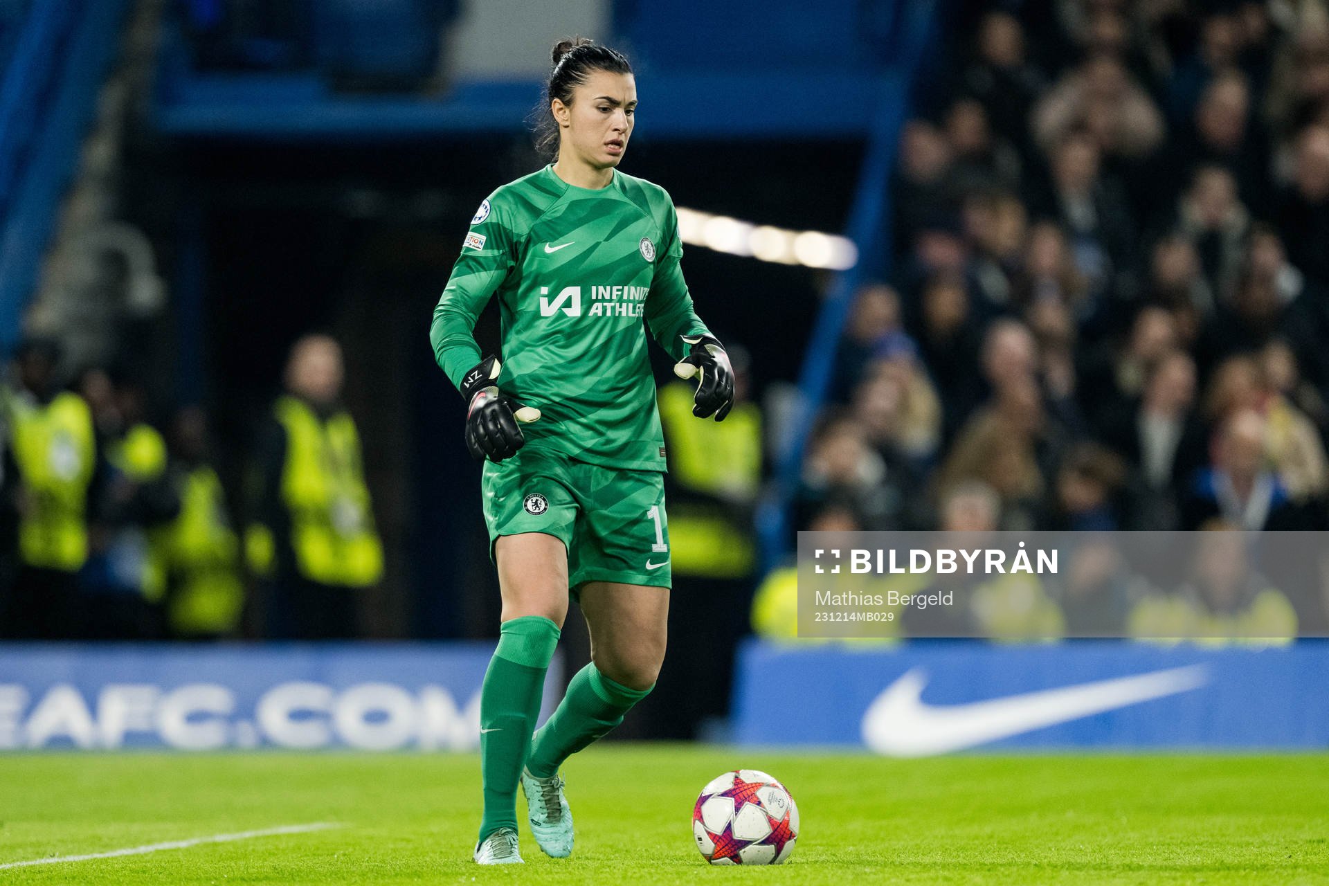 Goalkeeper Zecira Musovic of Chelsea during the UEFA Women's Champions League football match between Chelsea and Häcken on December 14, 2023 in London.