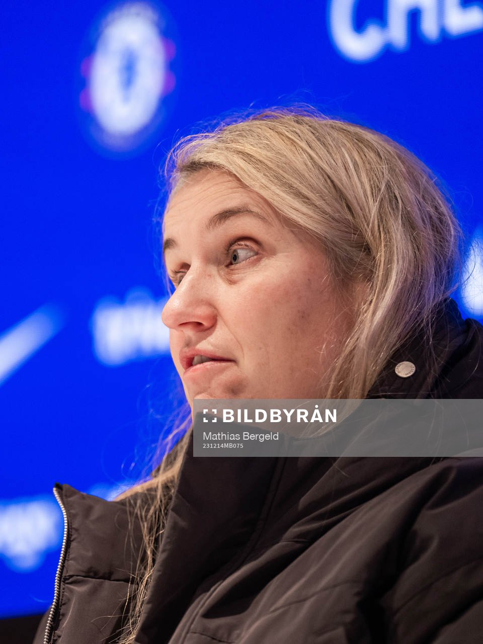 Head coach Emma Hayes of Chelsea at the press conference after the UEFA Women's Champions League football match between Chelsea and Häcken on December 14, 2023 in London.