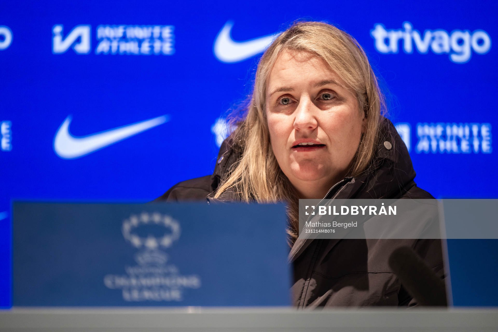 Head coach Emma Hayes of Chelsea at the press conference after the UEFA Women's Champions League football match between Chelsea and Häcken on December 14, 2023 in London.