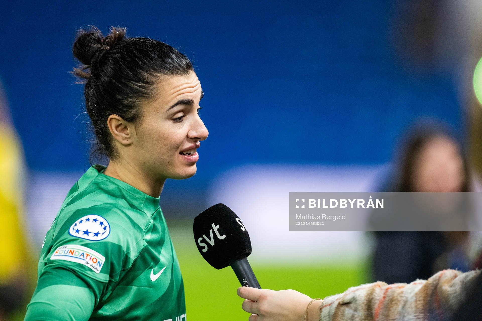 Goalkeeper Zecira Musovic of Chelsea is interviewed after the UEFA Women's Champions League football match between Chelsea and Häcken on December 14, 2023 in London.