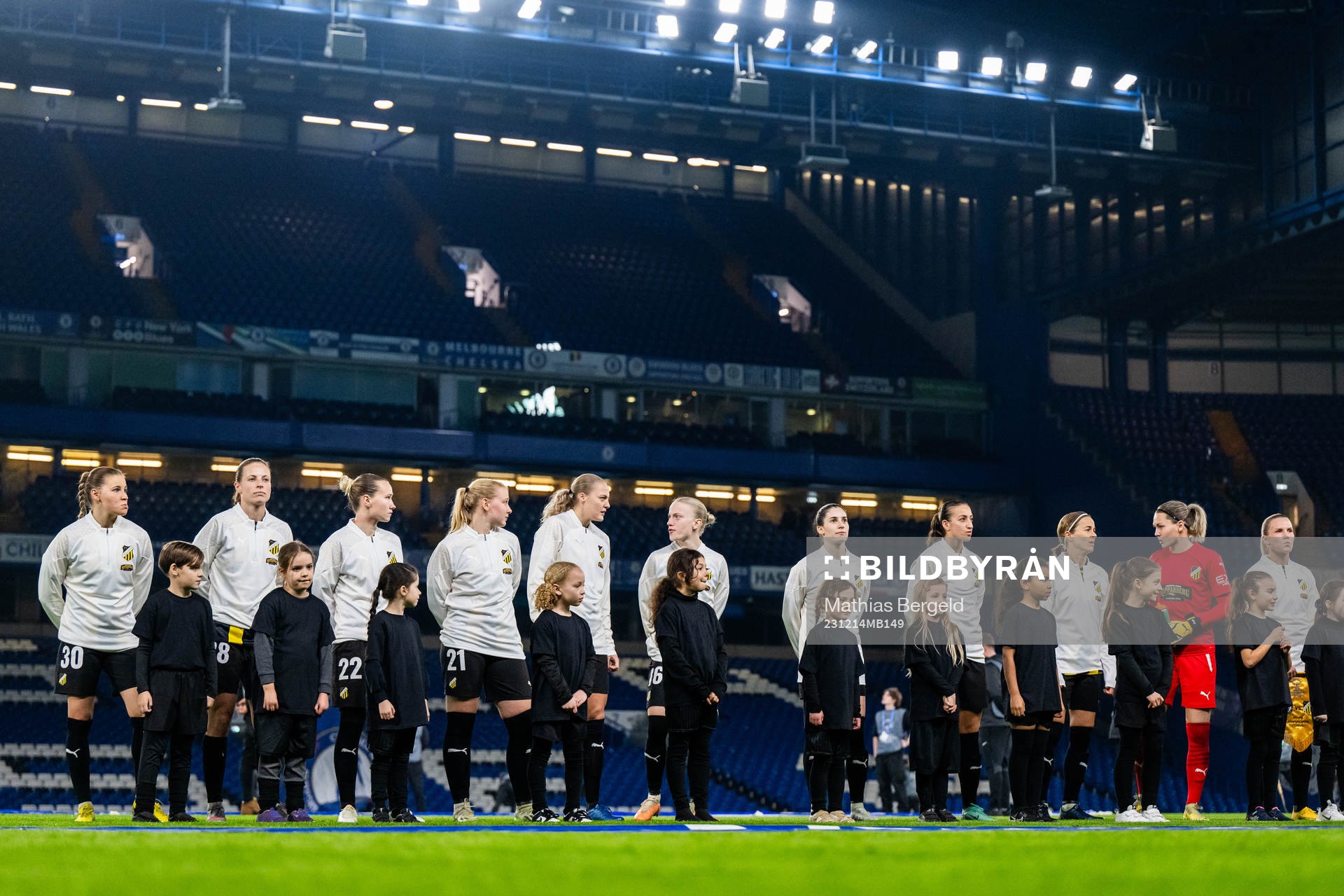 Players of Häcken during line-up ahead of the UEFA Women's Champions League football match between Chelsea and Häcken on December 14, 2023 in London.