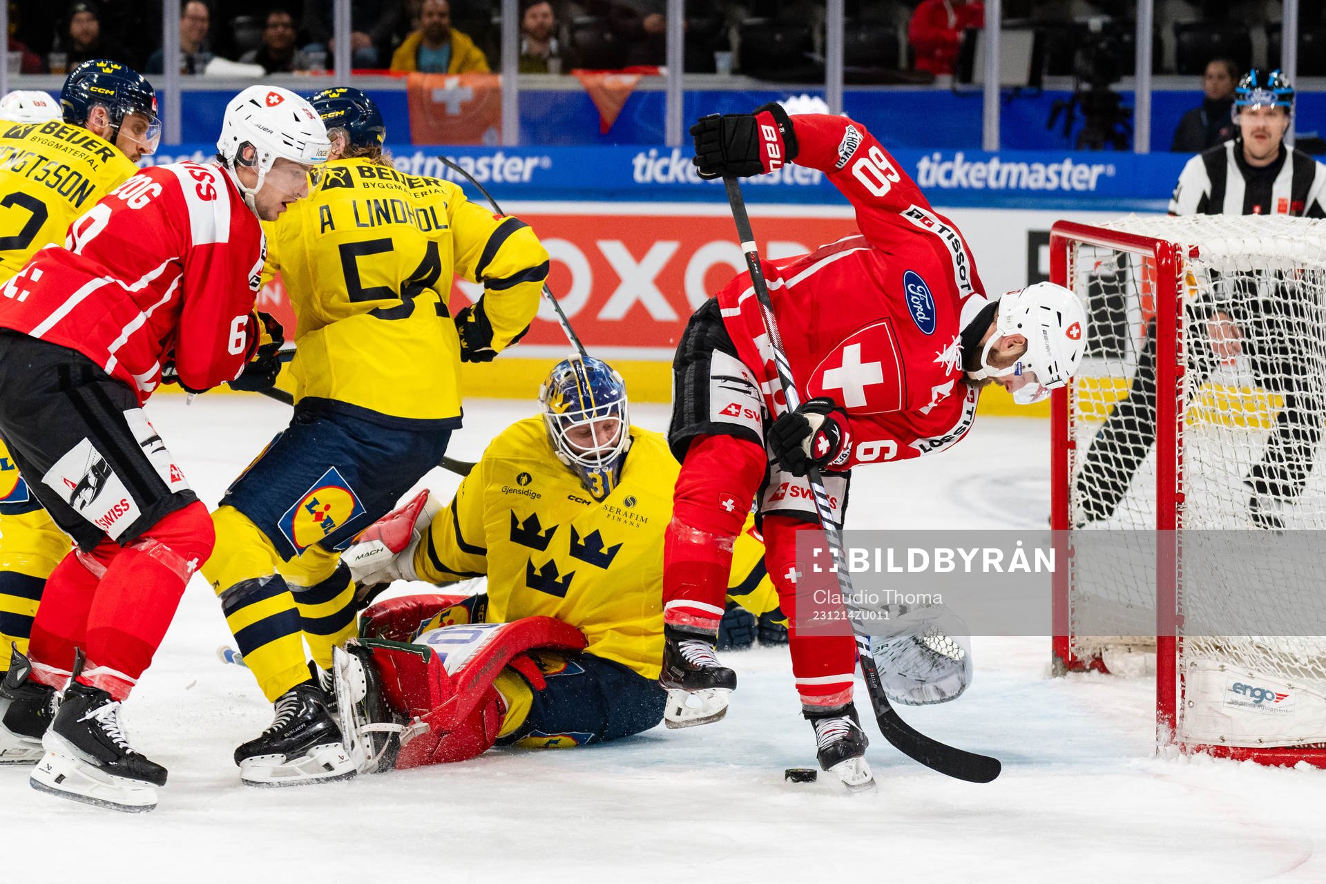 Goaltender Lars Johansson of Sweden in the ice hockey game