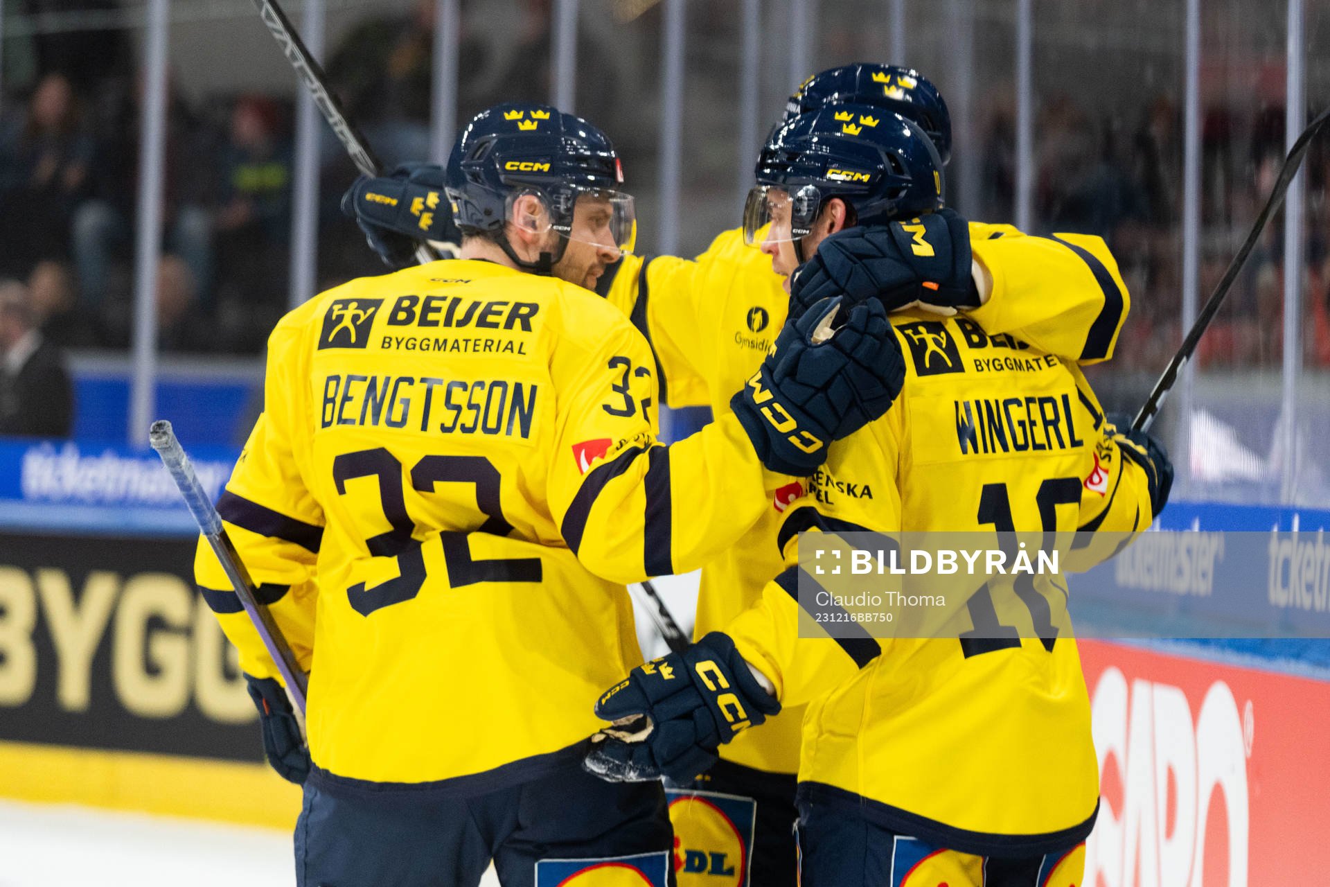 Lucas Wallmark of Sweden celebrates with team mates
