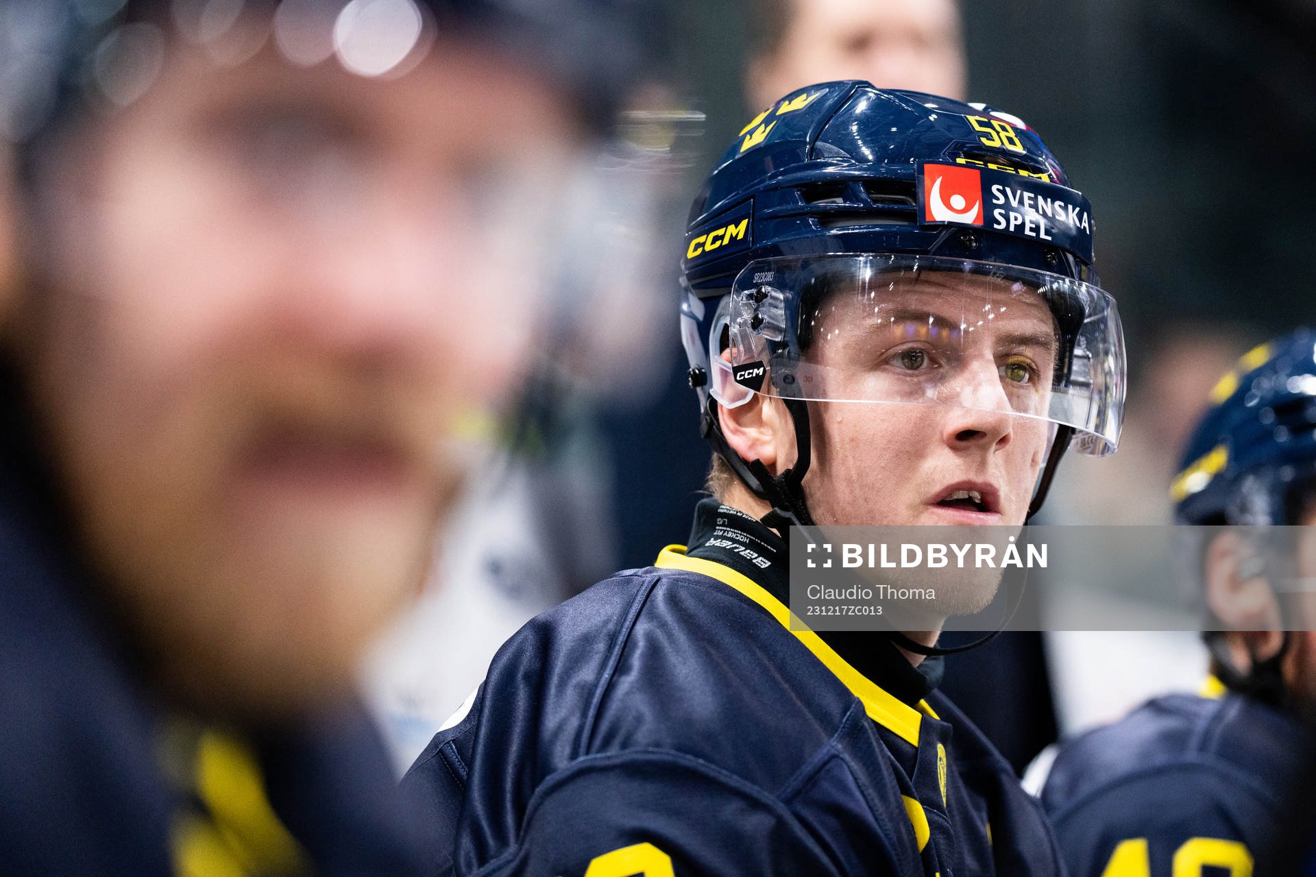 Jesper Sellgren of Sweden in the ice hockey game between