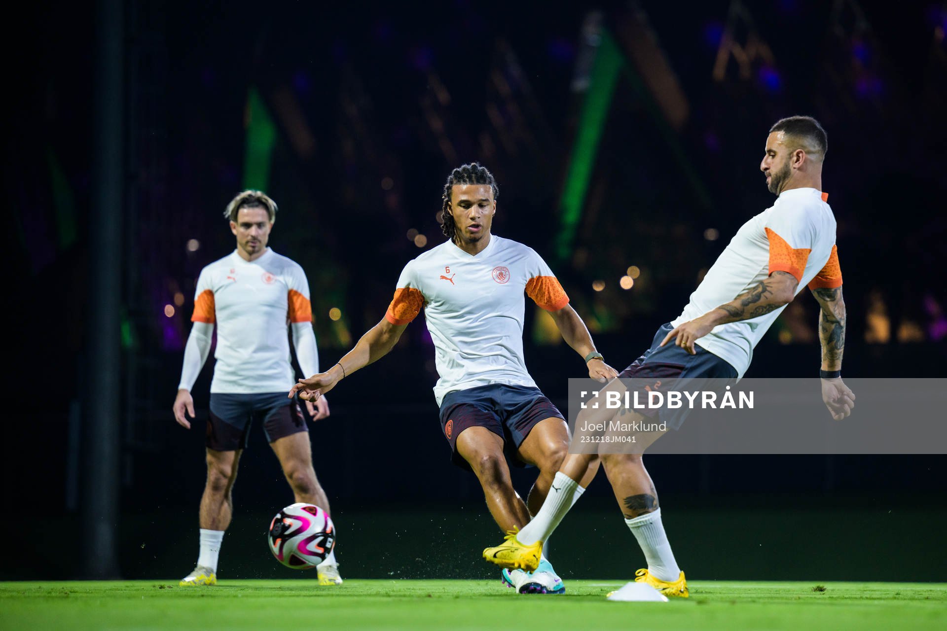 Jack Grealish, Nathan Ake and Kyle Walker of Manchester City at a training session during FIFA Club World Cup on December 18, 2023 in Jeddah.