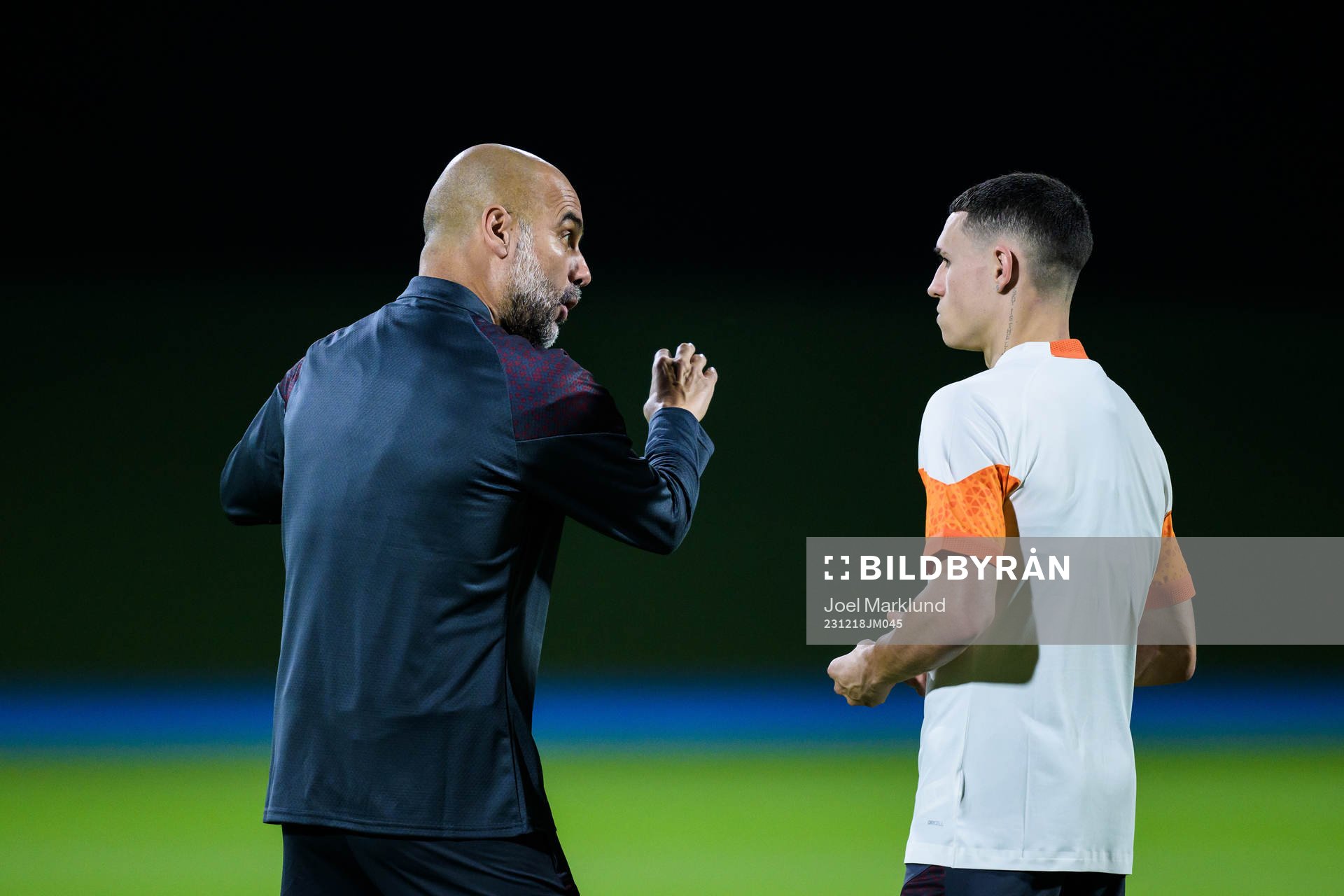 Head coach Pep Guardiola and Phil Foden of Manchester City at a training session during FIFA Club World Cup on December 18, 2023 in Jeddah. 