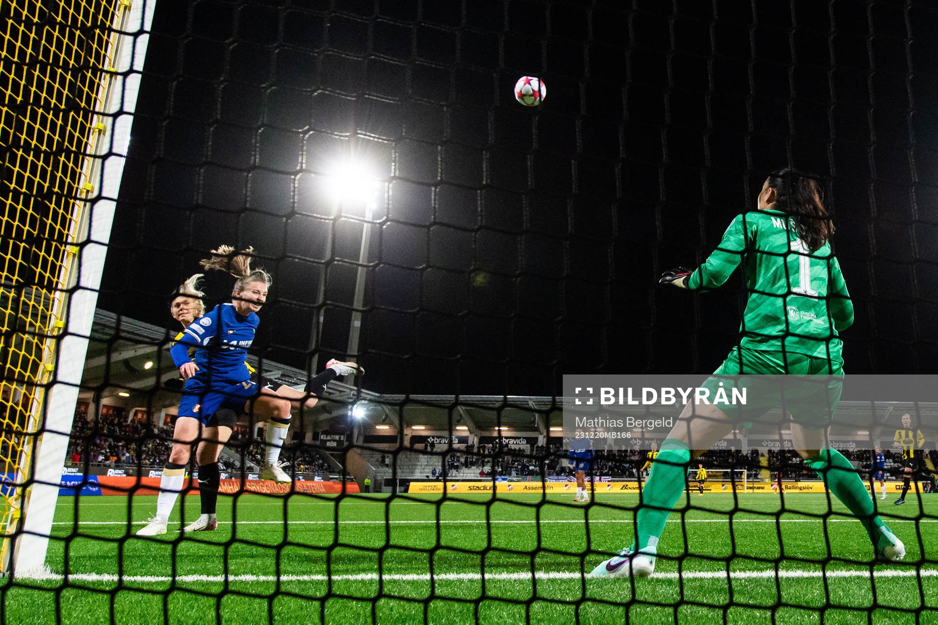 Molly Johansson of Häcken scores a goal behind Niamh Charles and goalkeeper Zecira Musovic of Chelsea that is later denied due to offside during the UEFA Women's Champions League football match between Häcken and Chelsea on December 20, 2023 in Gothenburg.