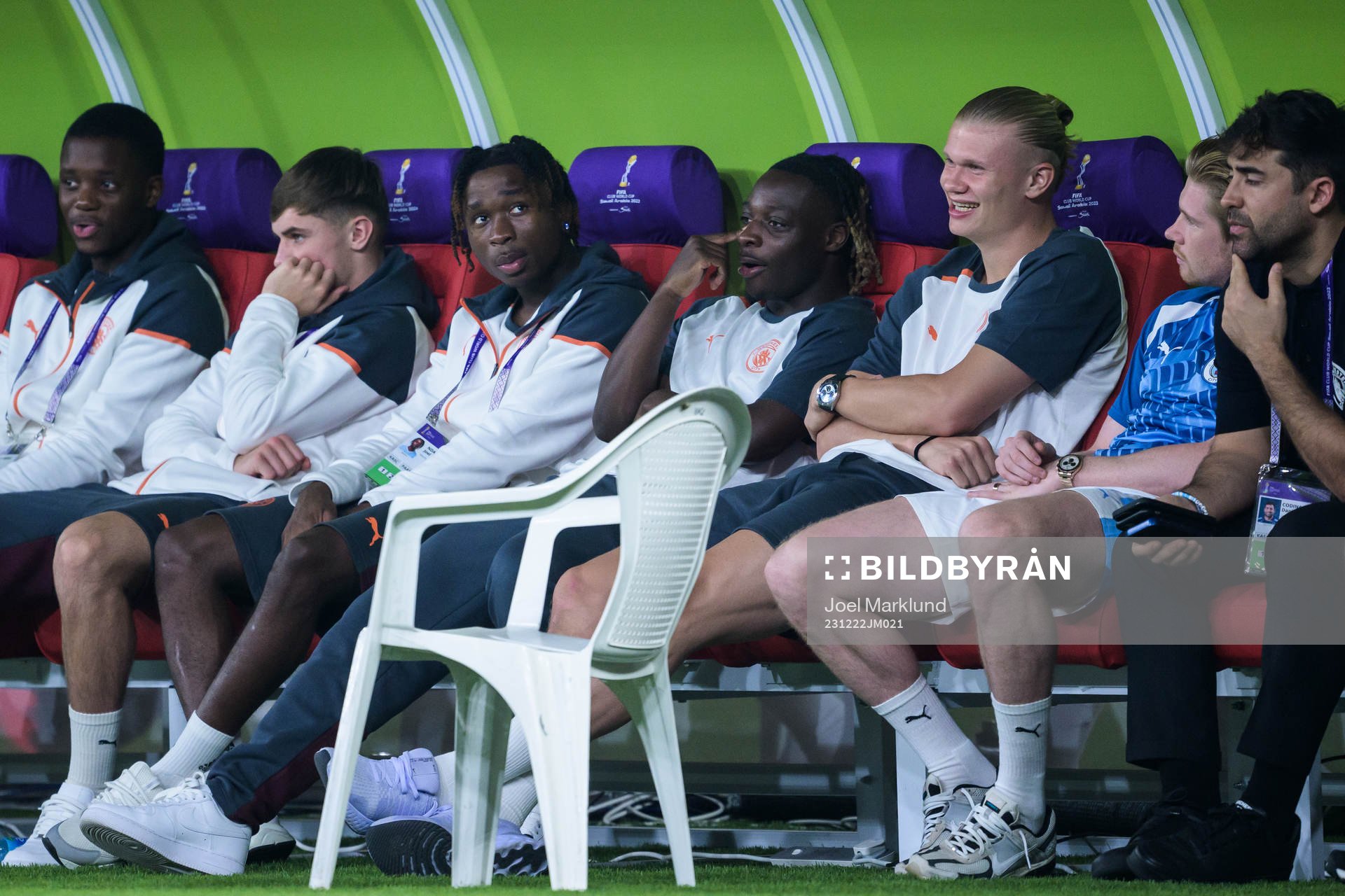 Jeremy Doku, Erling Braut Haaland, and Kevin De Bruyne of