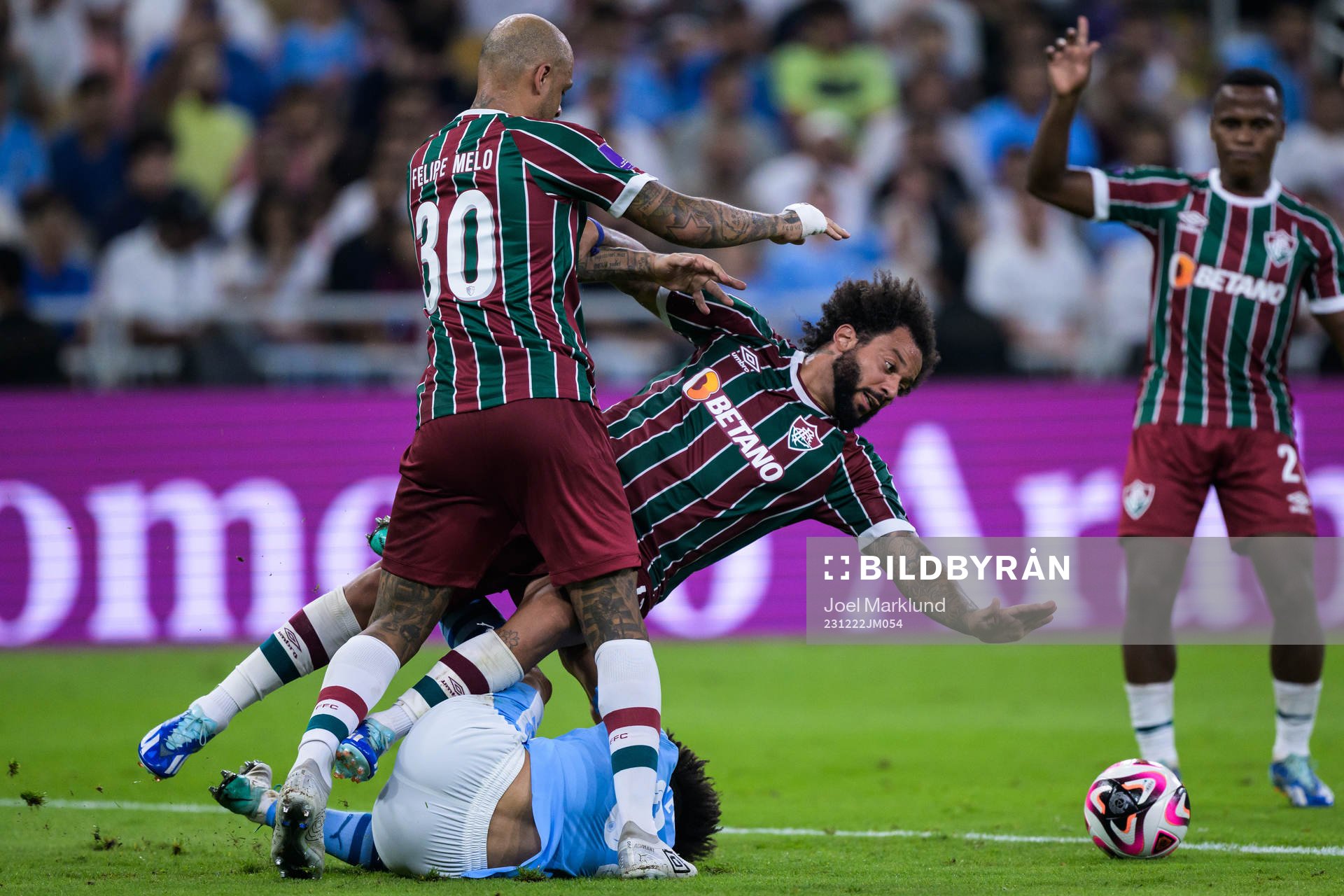 Felipe Melo and Marcelo of Fluminense and Rico Lewis of
