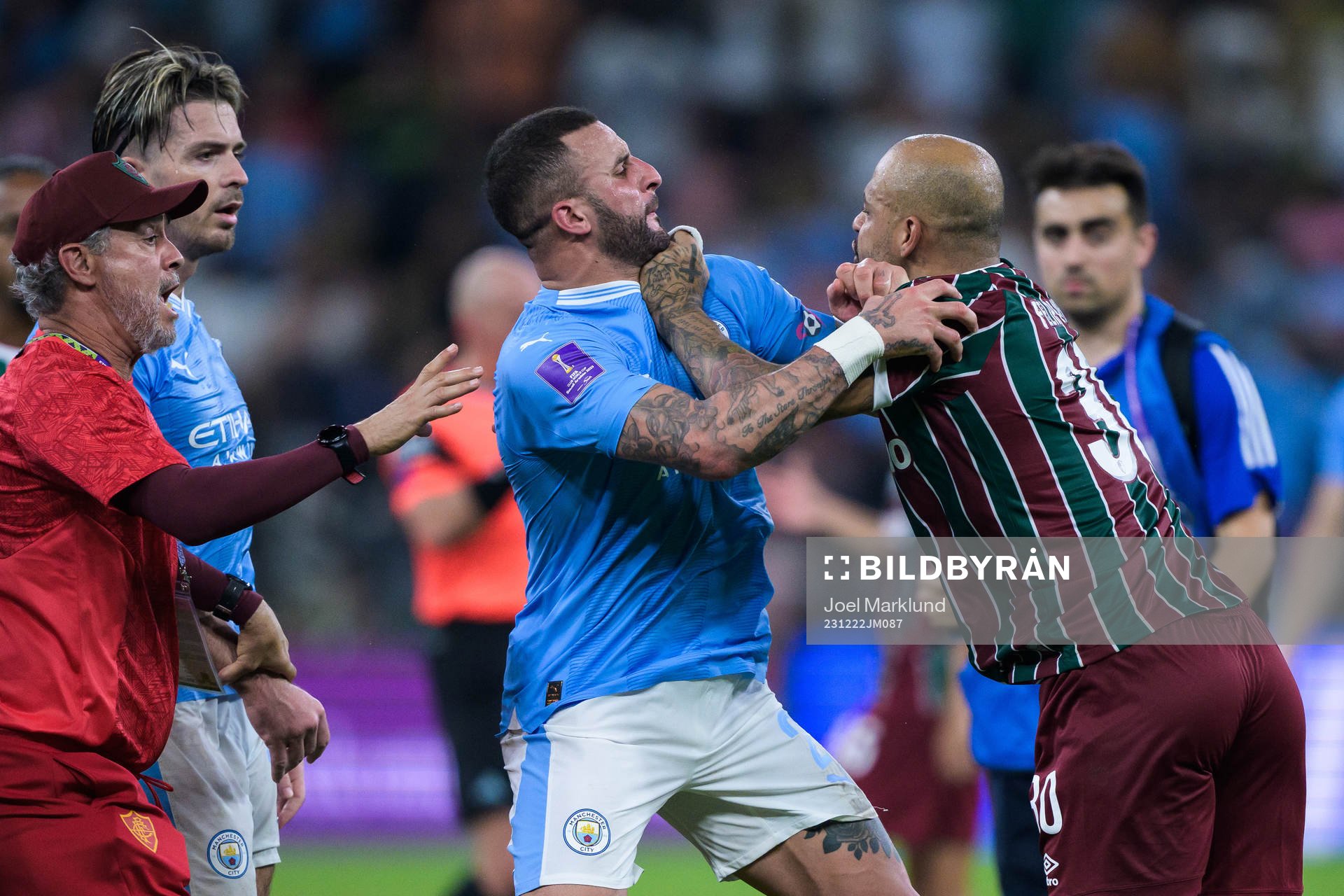 Kyle Walker of Manchester City and Felipe Melo of Fluminense during the FIFA Club World Cup final match between Fluminense and Manchester City on December 22, 2023 in Jeddah.