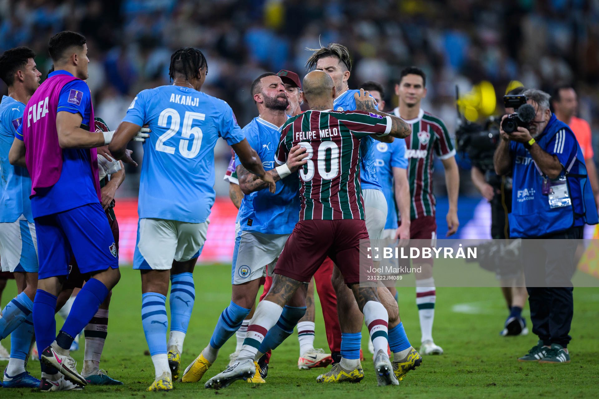 Kyle Walker of Manchester City and Felipe Melo of Fluminense during the FIFA Club World Cup final match between Fluminense and Manchester City on December 22, 2023 in Jeddah.
