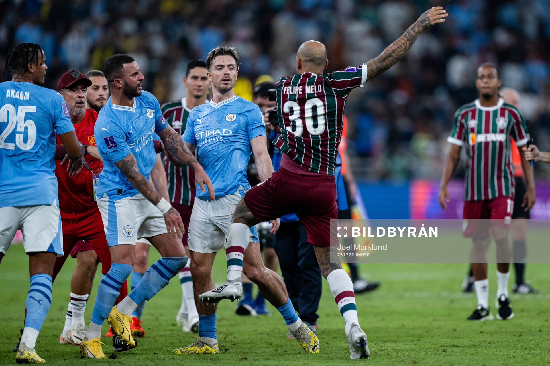 Kyle Walker of Manchester City and Felipe Melo of Fluminense during the FIFA Club World Cup final match between Fluminense and Manchester City on December 22, 2023 in Jeddah.