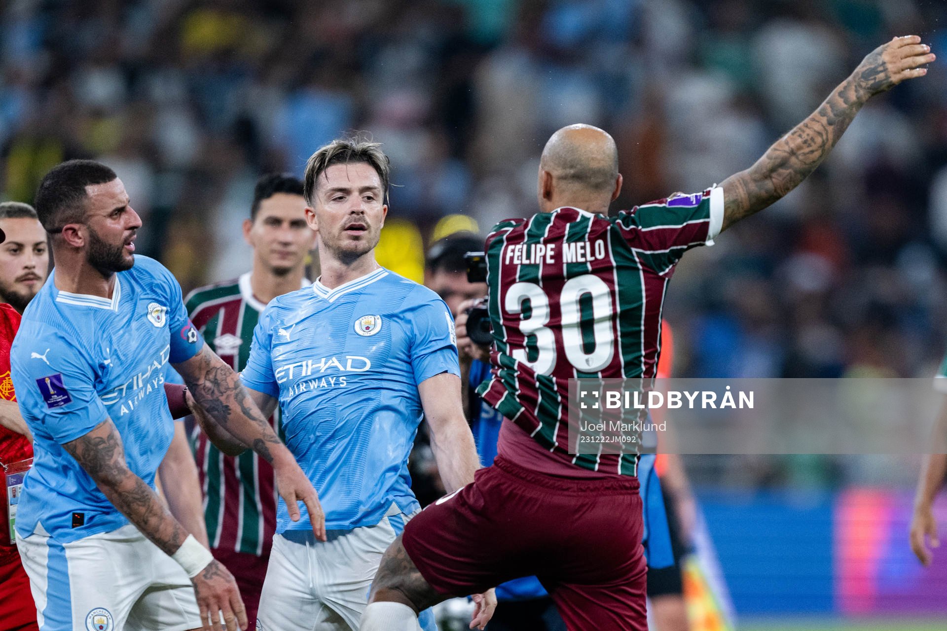 Kyle Walker of Manchester City and Felipe Melo of Fluminense during the FIFA Club World Cup final match between Fluminense and Manchester City on December 22, 2023 in Jeddah.