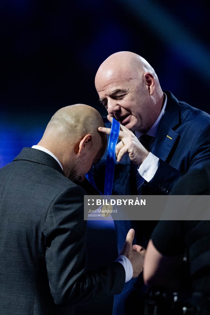 Gianni Infantino, President of FIFA and Head coach Pep Guardiola of Manchester City after the FIFA Club World Cup final match between Fluminense and Manchester City on December 22, 2023 in Jeddah.