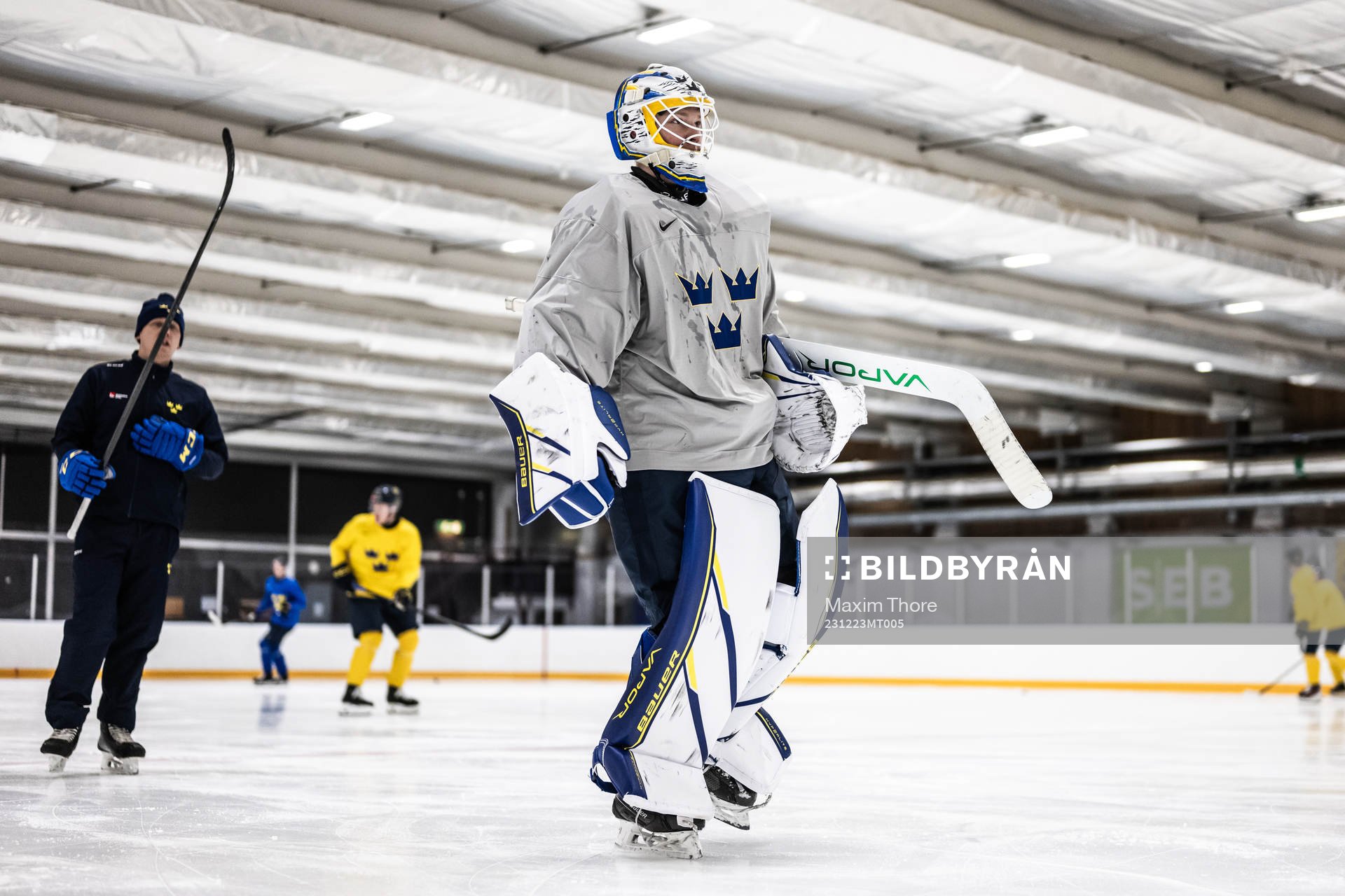 Goaltender Melker Thelin of Sweden at a practice session