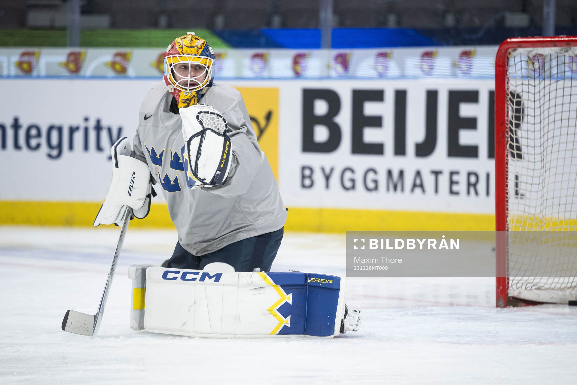 Goaltender Hugo Hävelid of Sweden at a practice session