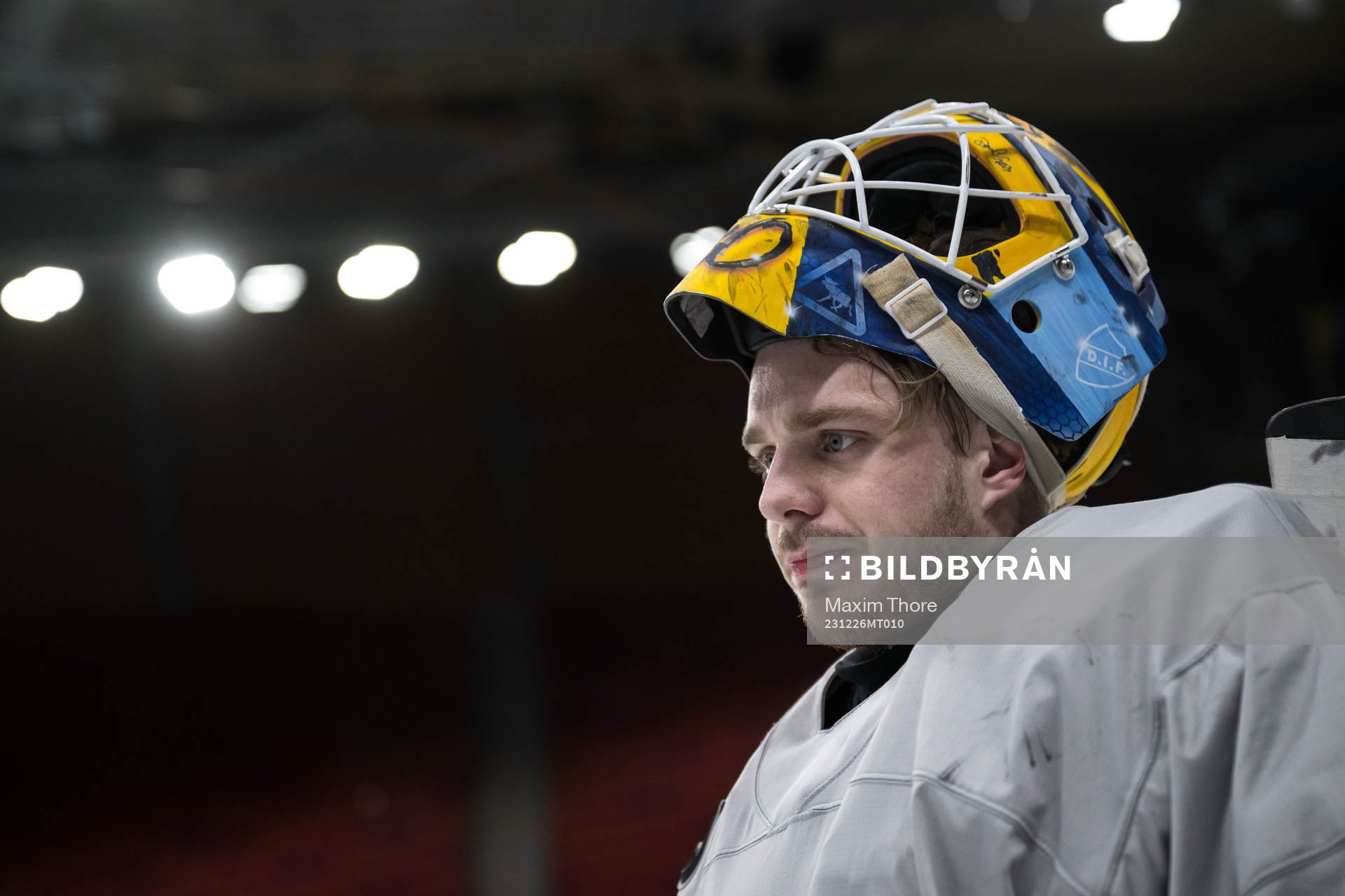 Goaltender Hugo Hävelid of Sweden at a practice session