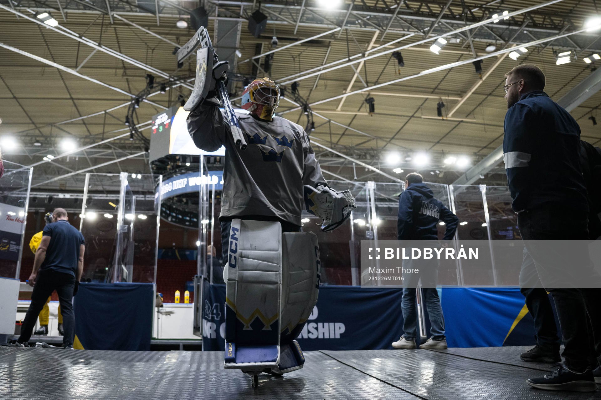 Goaltender Hugo Hävelid of Sweden at a practice session