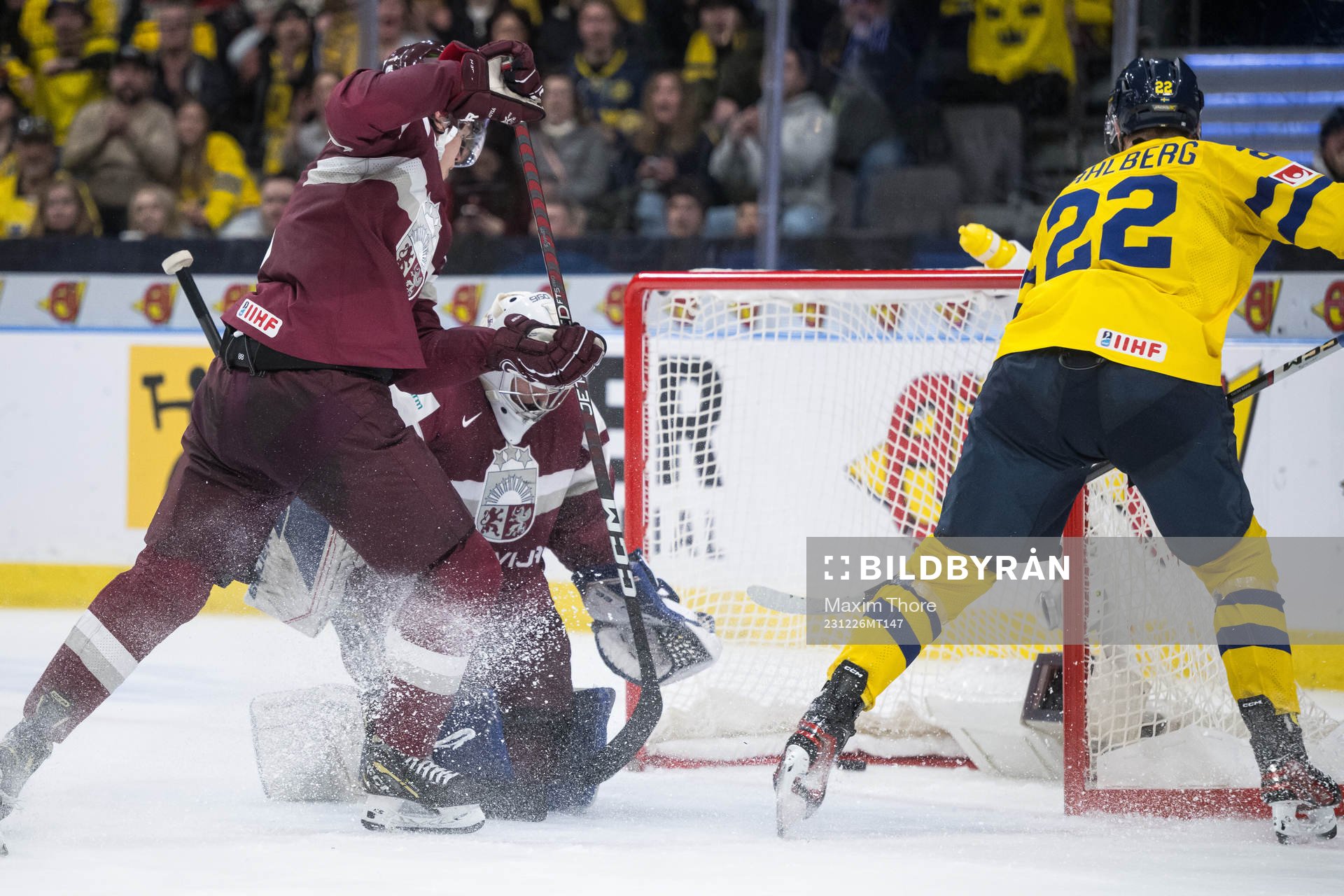Jonathan Lekkerimäki of Sweden, not pictured, scores the