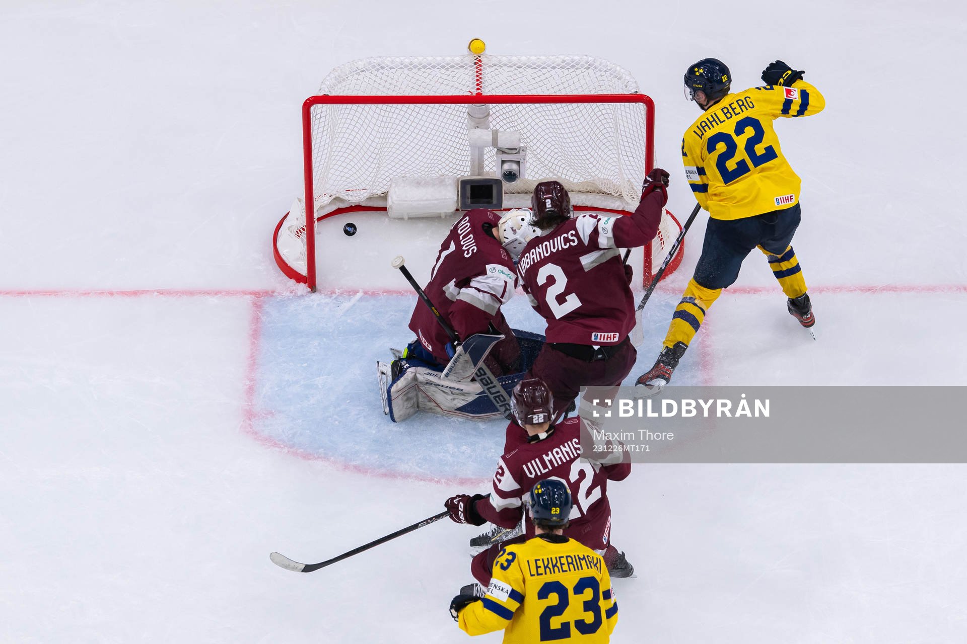 Jonathan Lekkerimäki of Sweden scores the 6-0 goal behind