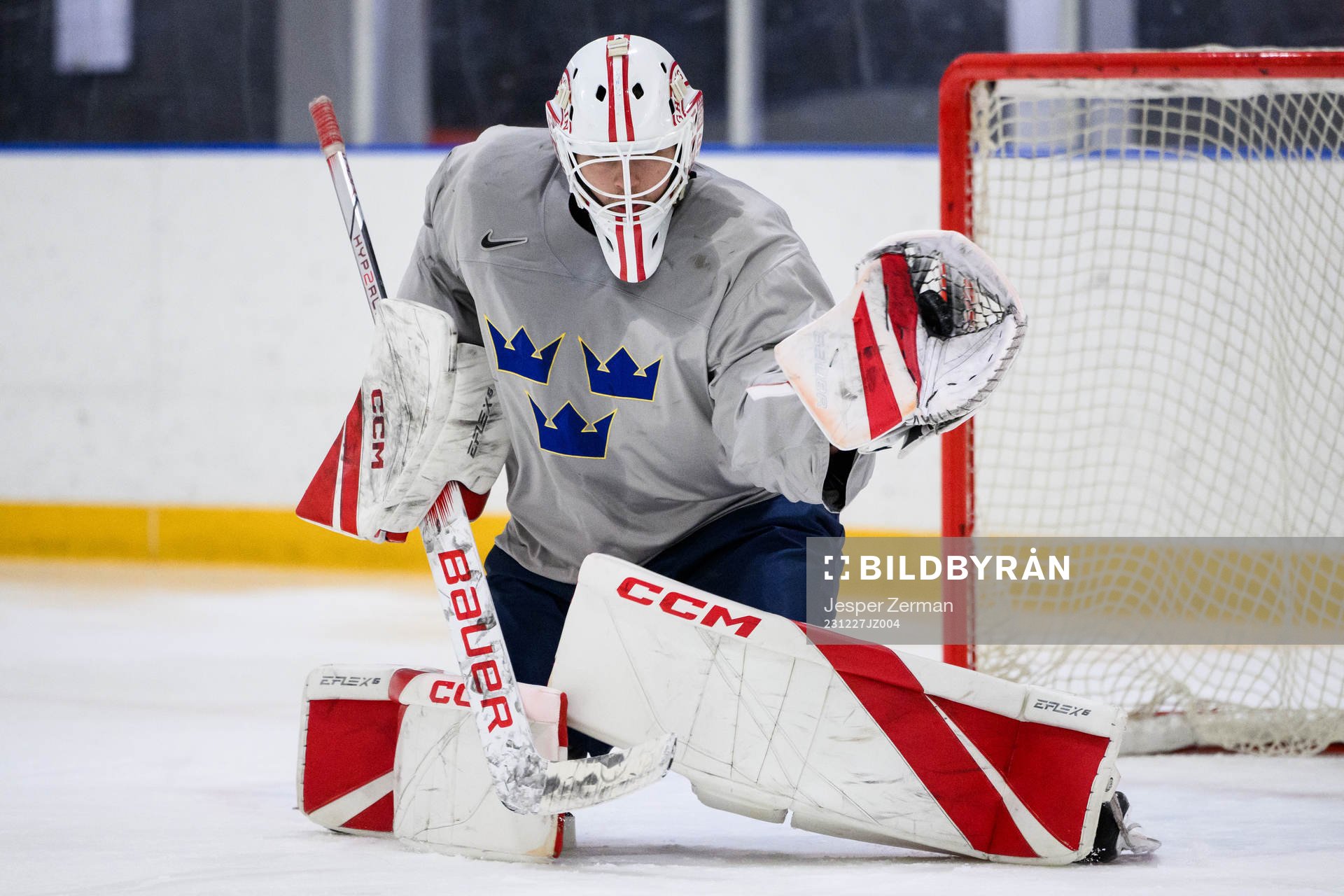 goaltender Kevin Reidler of Sweden at a practice session