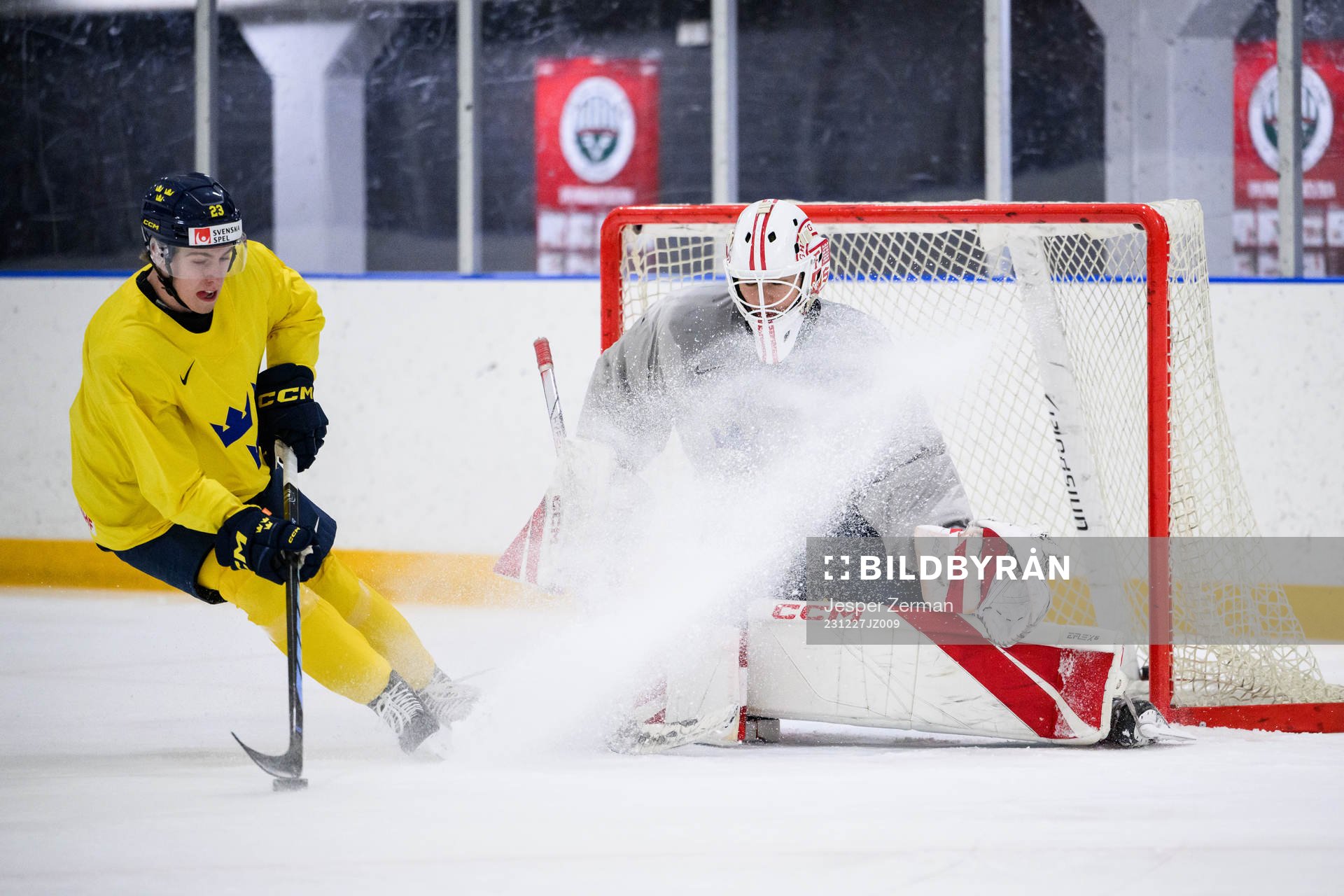 Jonathan Lekkerimäki and goaltender Kevin Reidler of