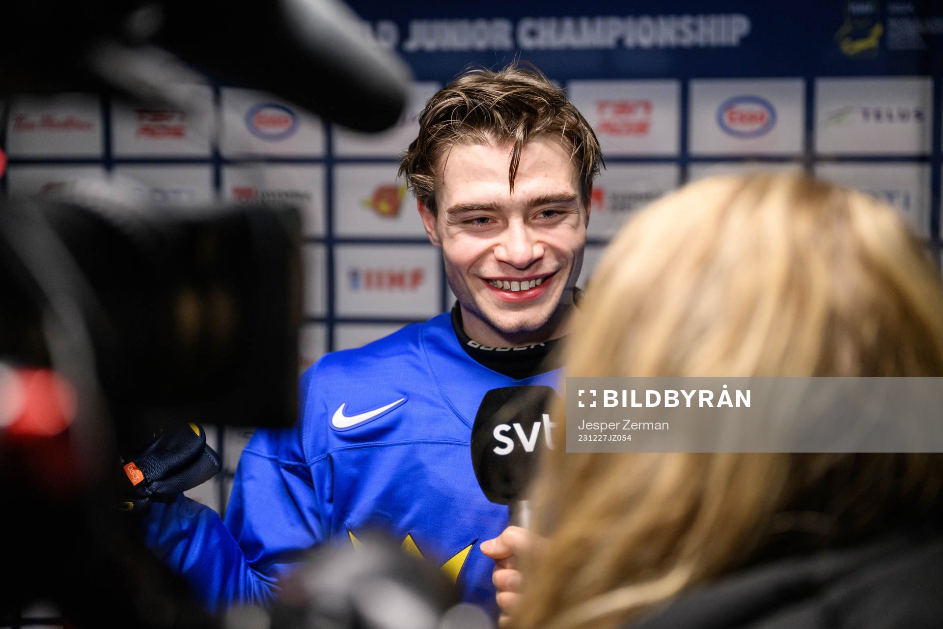 Isac Born of Sweden speaks to media