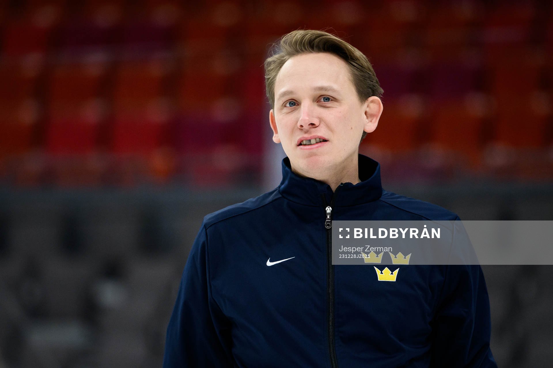 Goaltender coach Viktor Alm of Sweden at a practice session